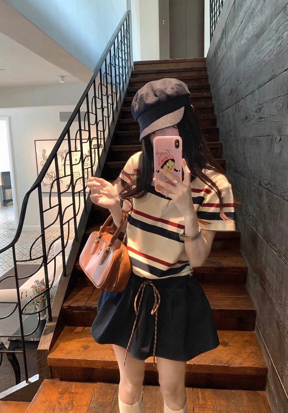 学姐Polo领条纹POLO衫+蓬蓬半身裙两件套套装 Striped T-shirt and Skirt Set