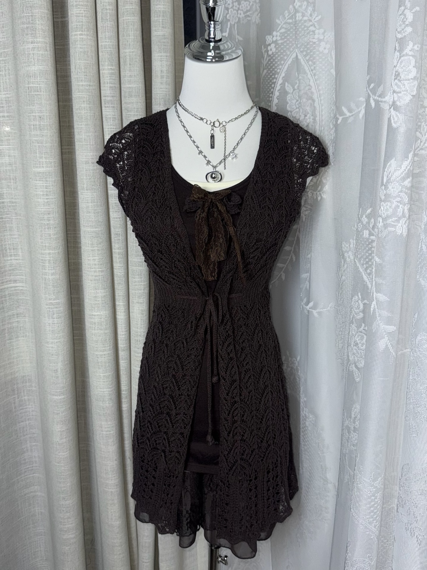 Mori Grunge Layered Crochet Cardigan & Chiffon Dress Set