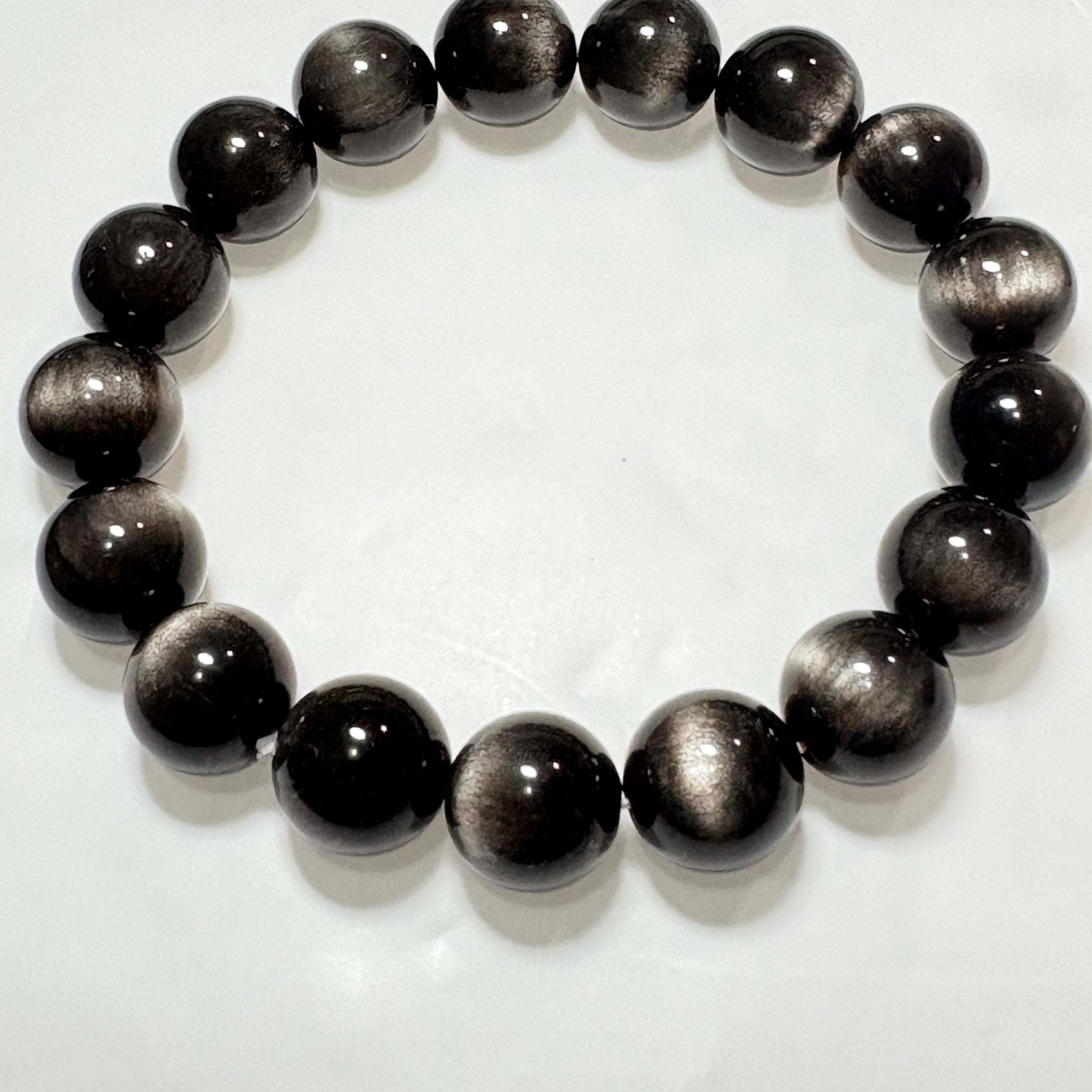 【擋煞】銀黑曜石手串No.4593丨精品猫眼級✨丨12mm珠16.5-17cm手圍