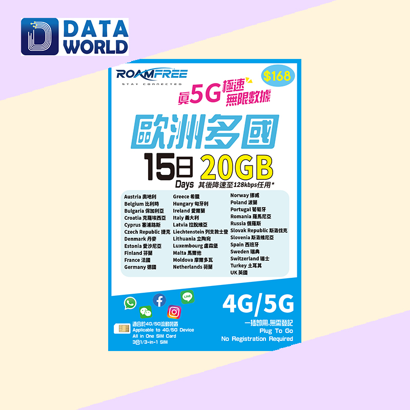 Roamfree X 3HK 4G/5G 歐洲多國15日20GB無限數據卡