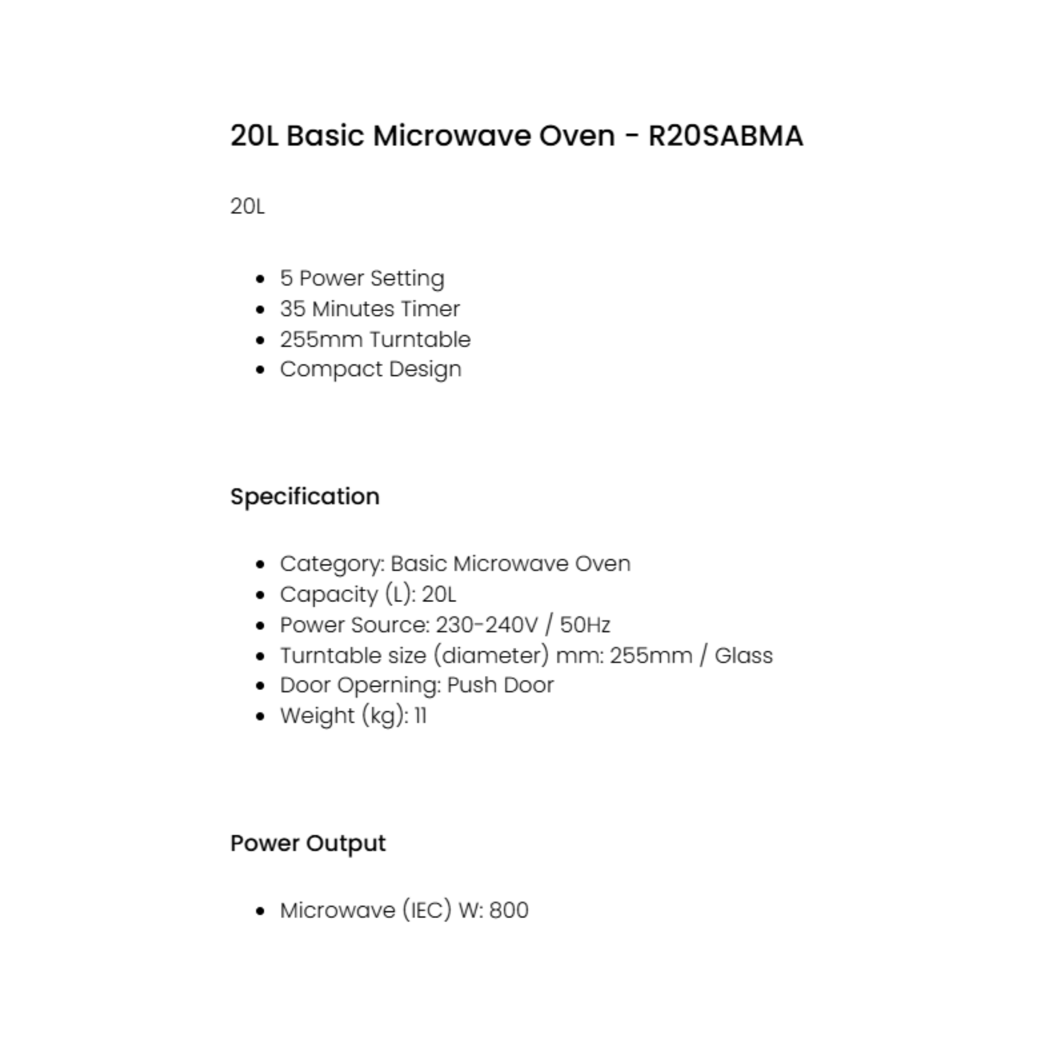 Sharp 20L Mechanical Microwave Oven (R20SABMA)