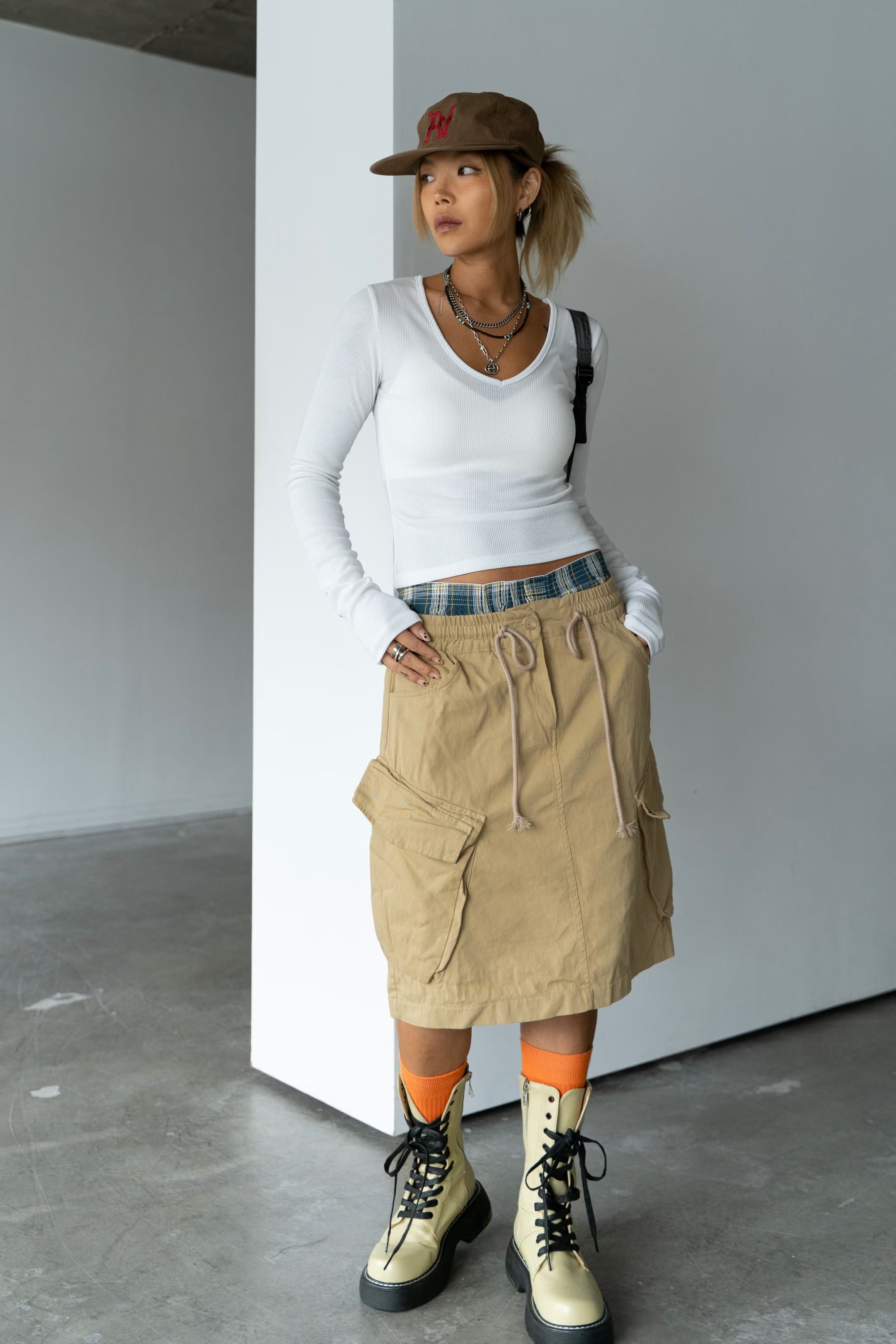 橡筋腰斜布工裝短裙