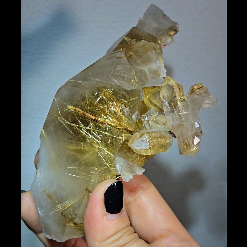 Golden titanium rutiles on black hematite in quartz cluster - RT1443