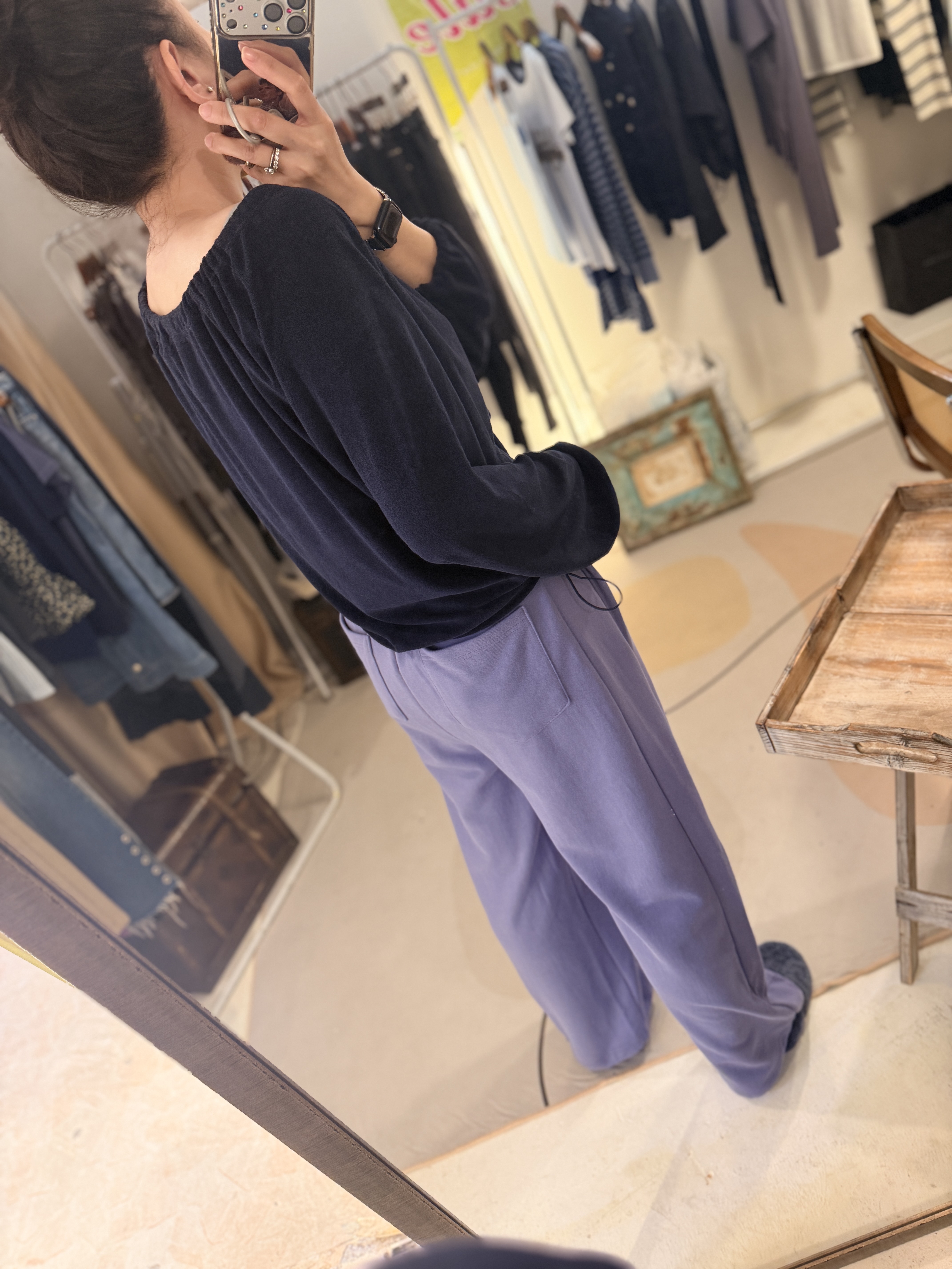 Navy towel off shoulder sweater