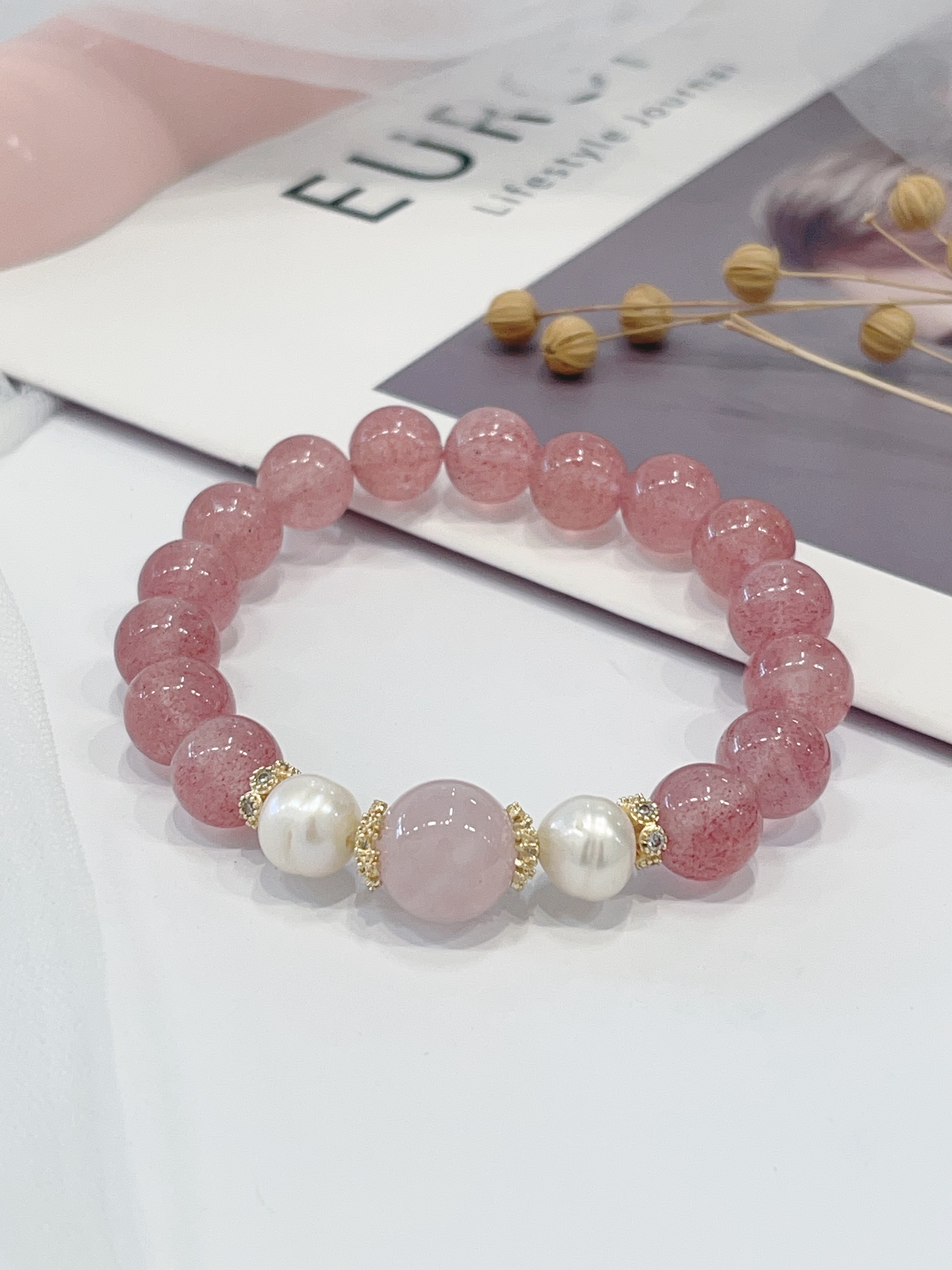 🍓 草莓晶 × 粉水晶设计款手串 Strawberry Quartz & Rose Quartz｜10mm