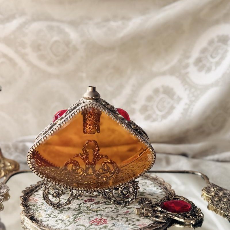 Rare! Early to Mid-Century Romantic Revival Ormolu & Amber Glass Large Perfume Bottle (MT2494)