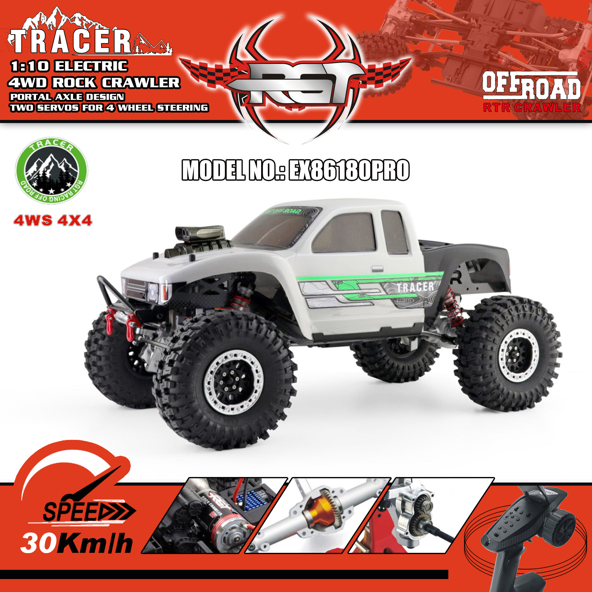 全新 🌟 瑞泰 RGT 🌟 1:10 EX86180PRO TRACER 四輪轉向 攀爬越野車 2.4Ghz 遙控 4輪驅動 全車85%金屬件
