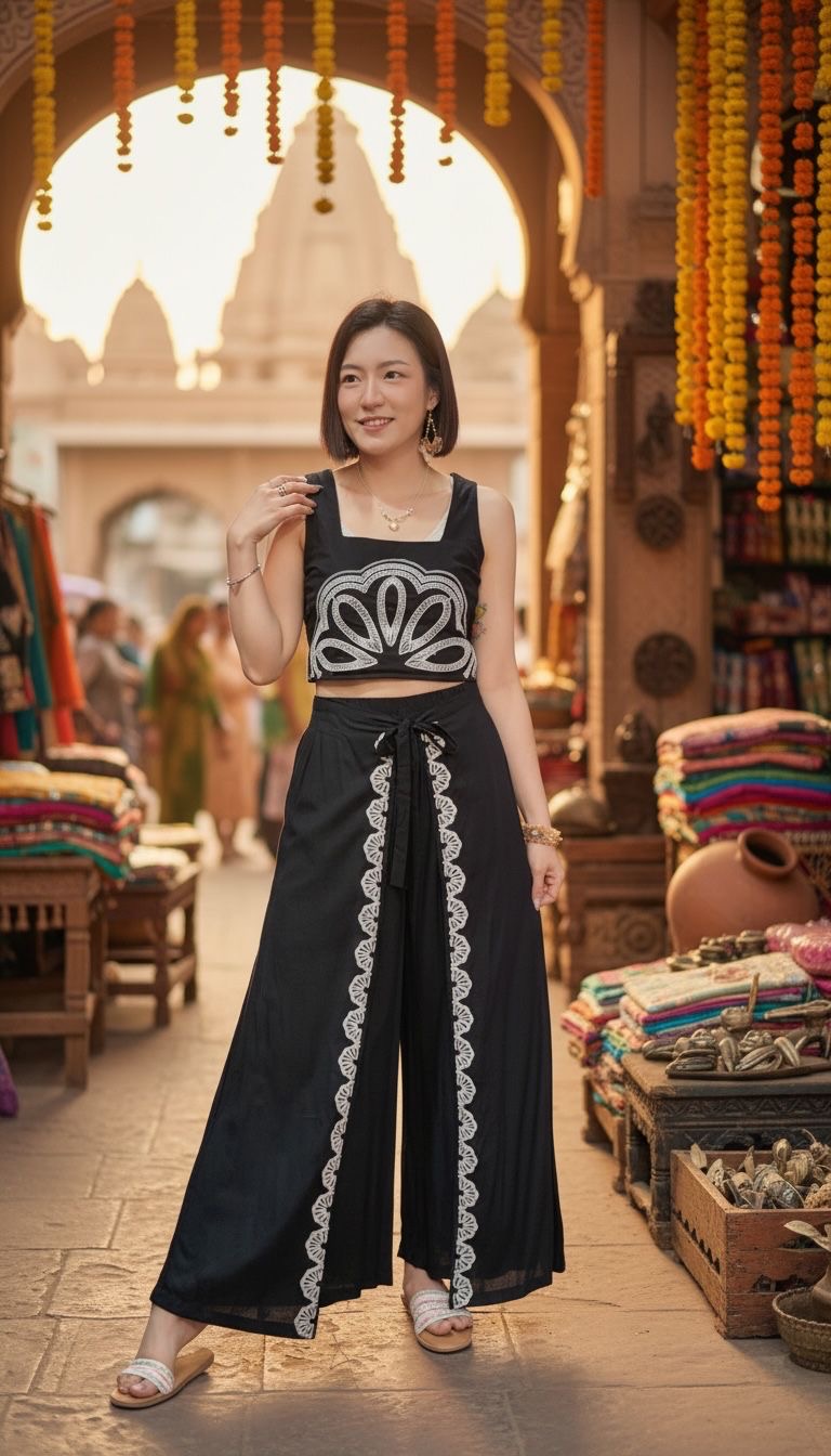 2235 Black with White Emb. Pants