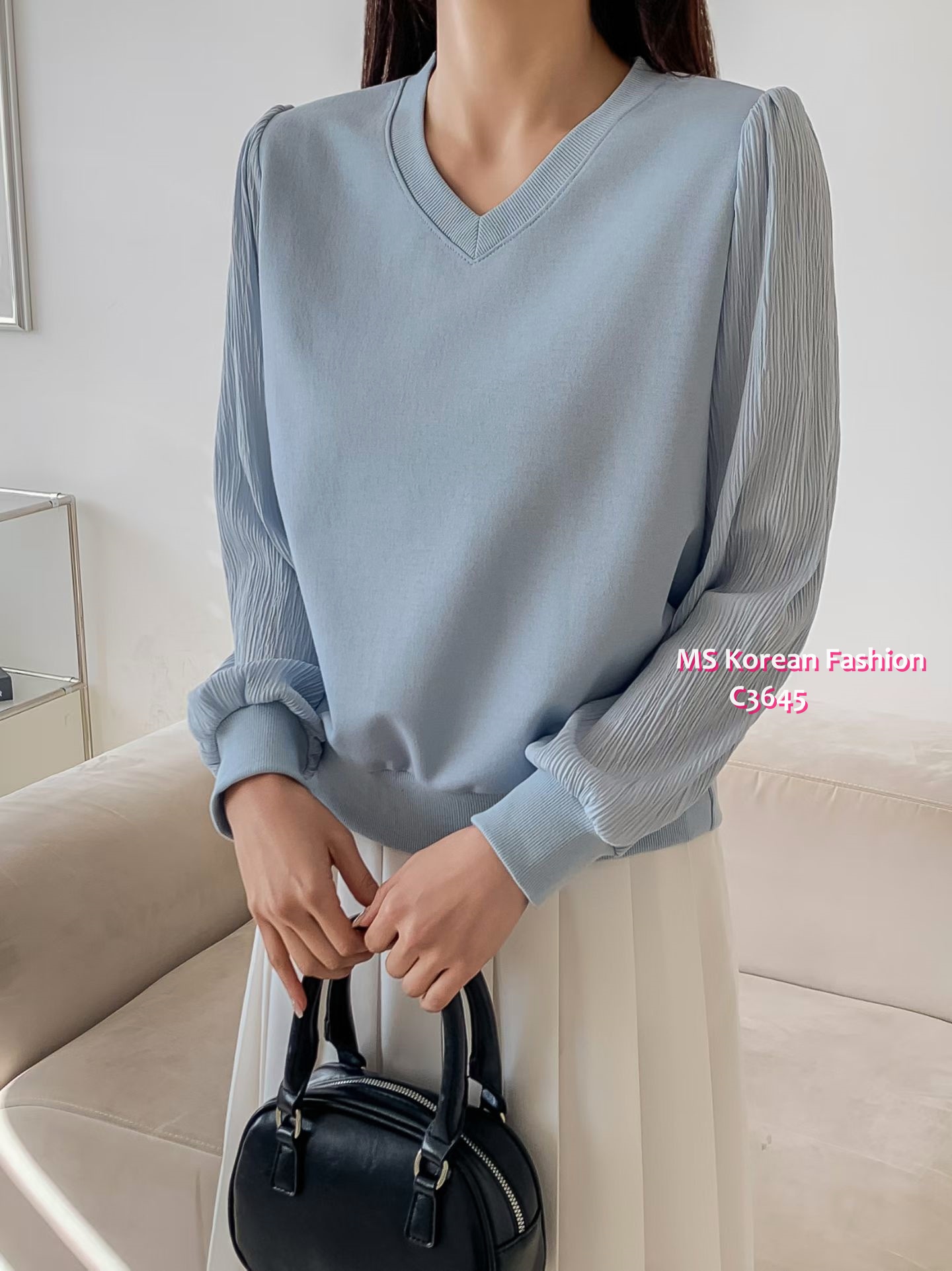 C3645 韓國🇰🇷V領直紋袖top