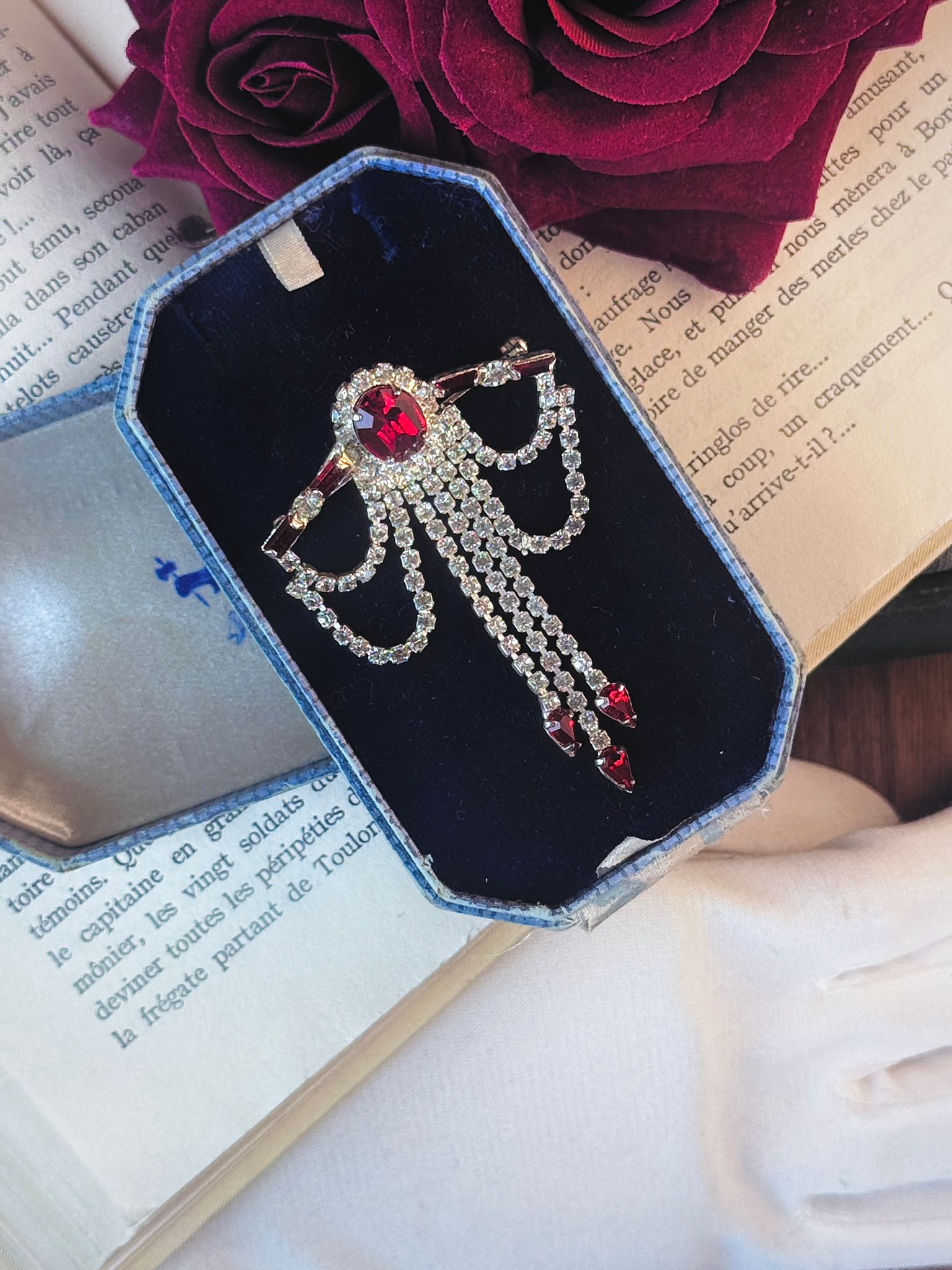 Vintage Mid-Century Art Deco Style Ruby Red Rhinestone Brooch(MT2589-11)