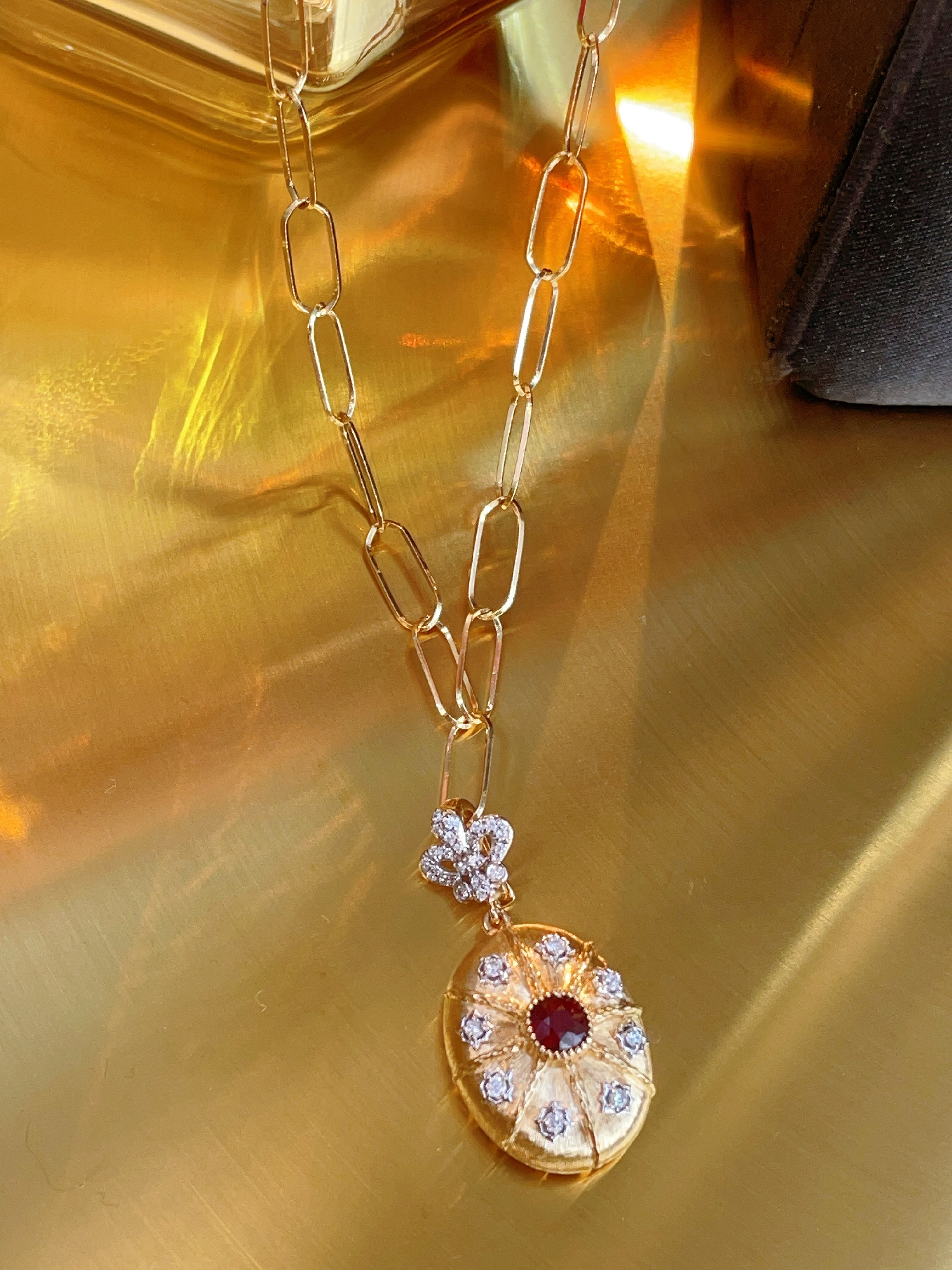 Italian Brushed Gold Ruby Treasure Box Pendant N031354