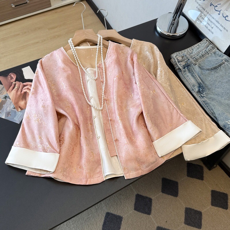 B138(0948) 新中式民族风人丝古典碎花提花卷边袖粉香槟外套上衣