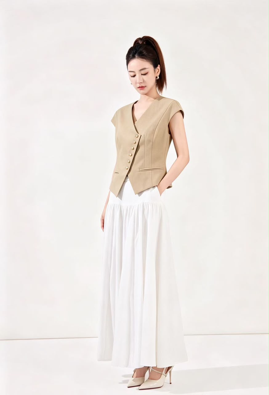 10141363 Asymmetrical Button Tailored Vest Top