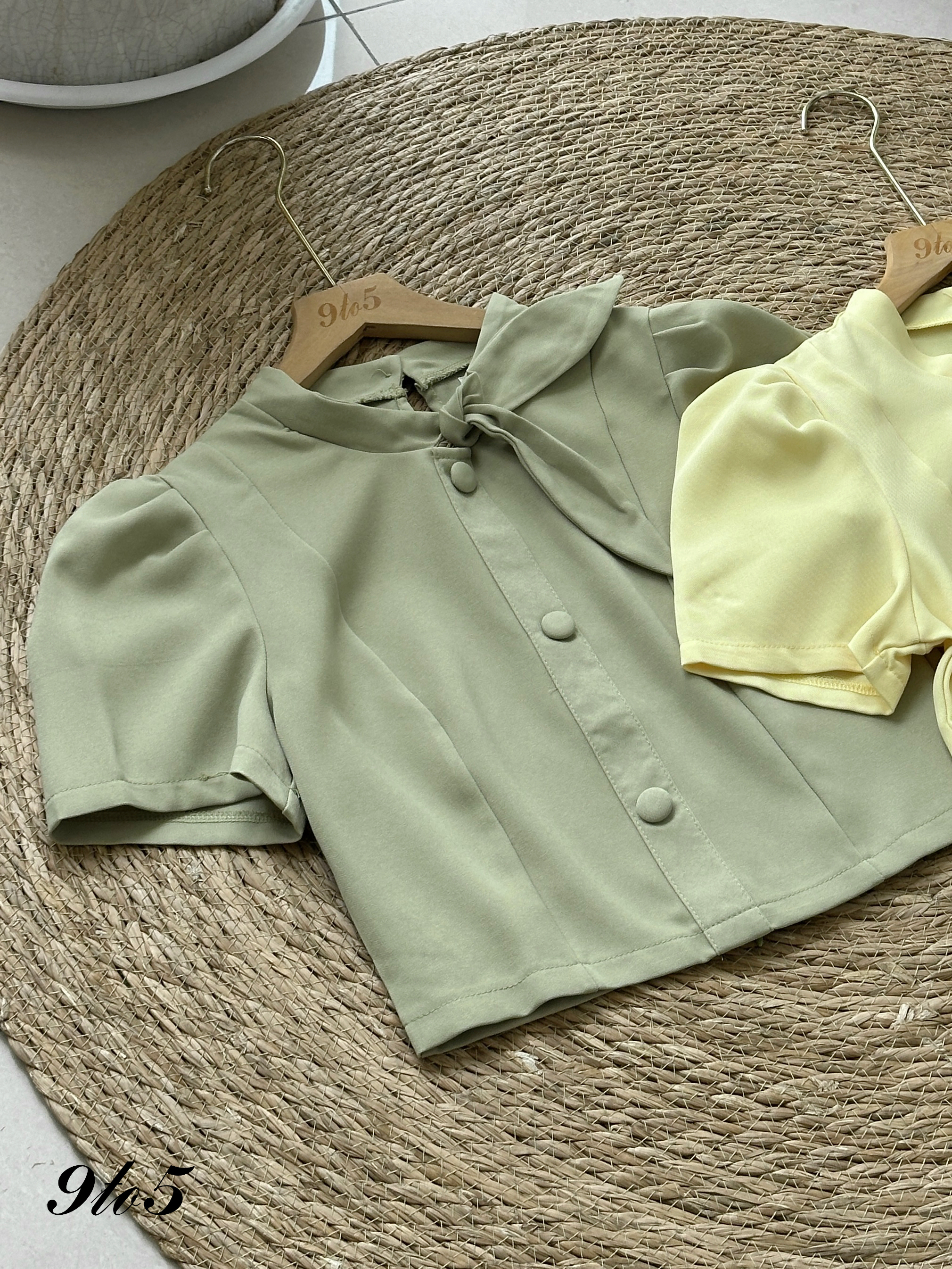 T4175 Puff Sleeve Tie Neck Top - 4 Colors 