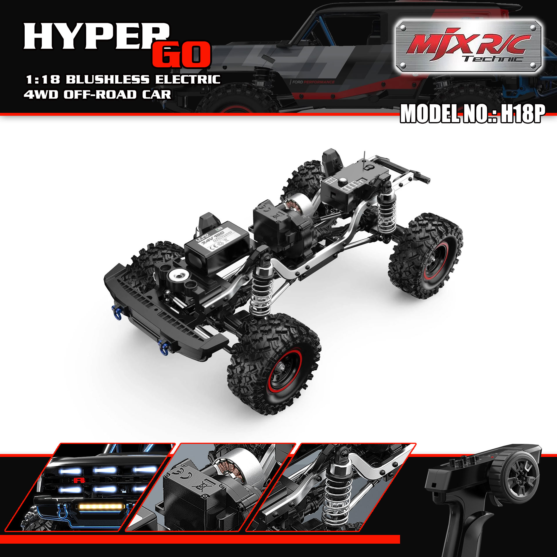 全新 美嘉欣 MJX R/C 1:18 H18P BAJA1000 Ford Bronco R 無刷攀爬車 | 福特授權車殼 | 無刷攀爬車 | 1606 4200KV 無刷馬達 |  DIG 坦克掉頭 | 精美硬殼