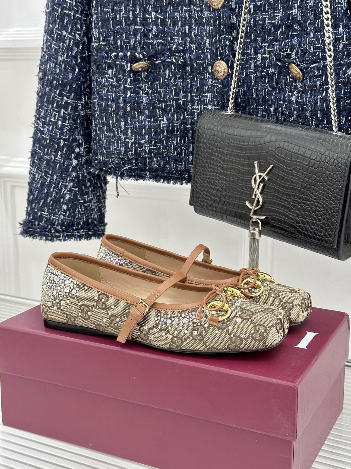 【原單】GUCCI GG Crystal Horsebit Ballet Flats 馬銜扣蝴蝶結彩鑽芭蕾鞋