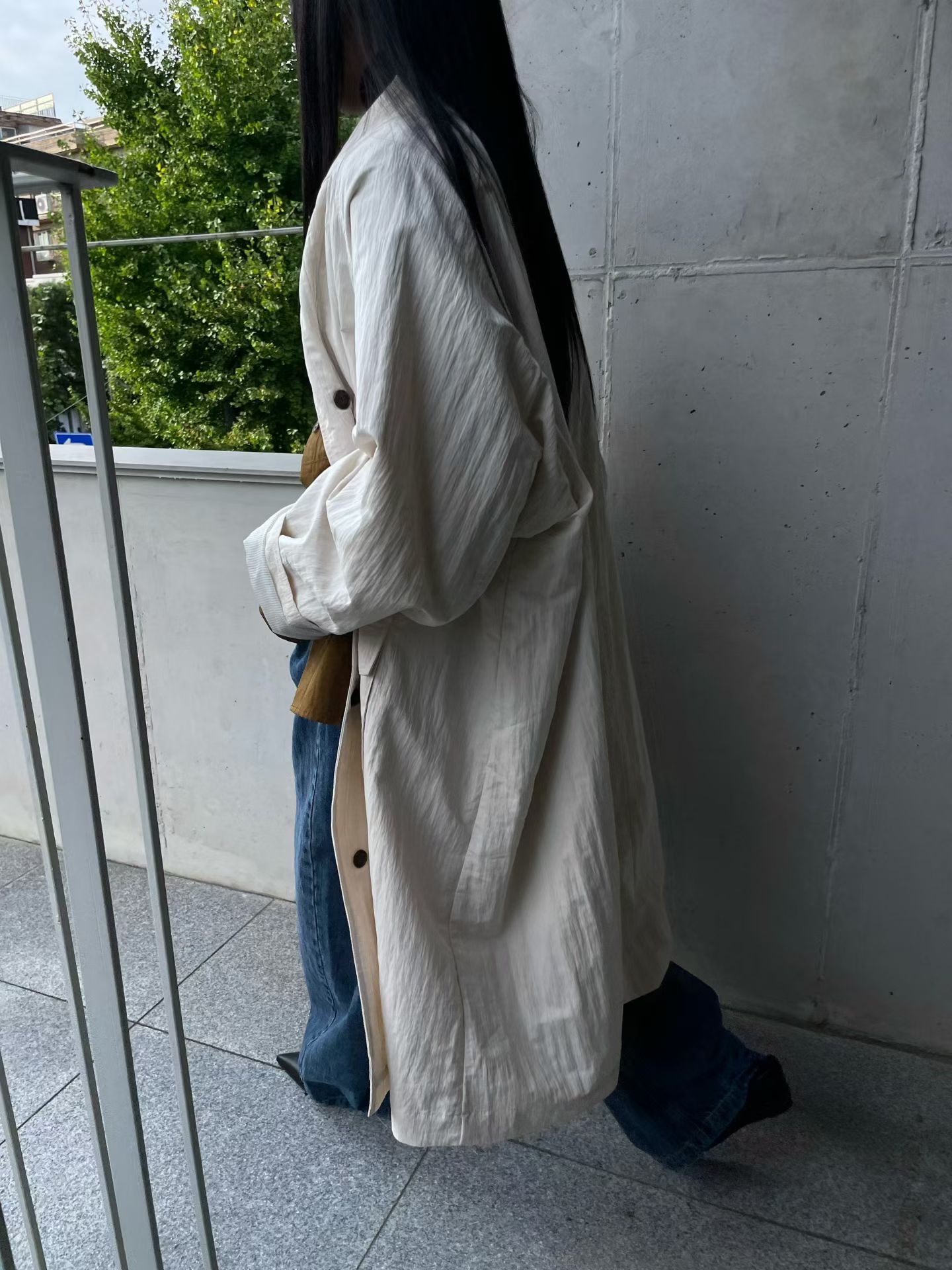 MILAE 韓系立領大口袋寬鬆微繭型長款大衣風衣