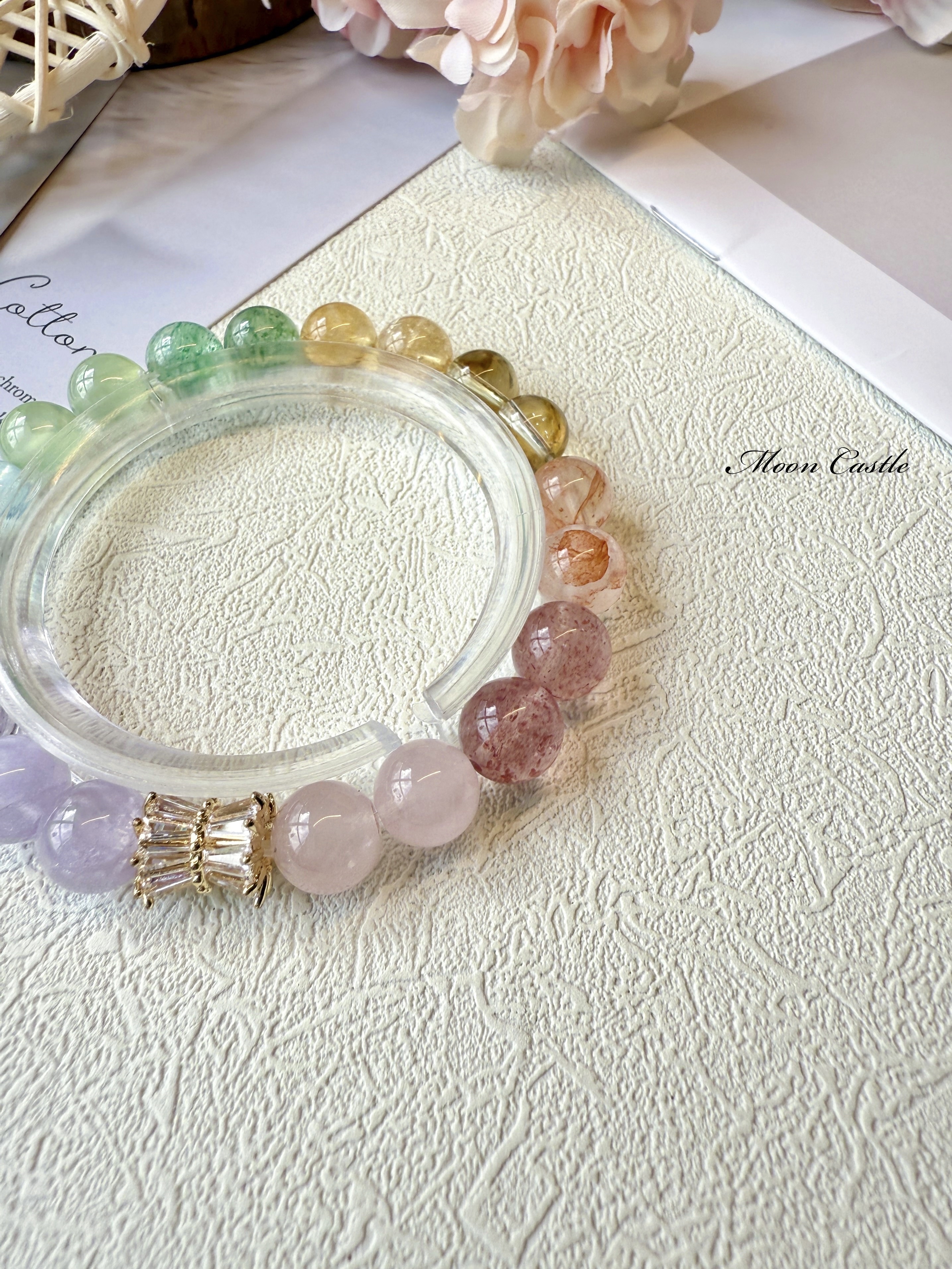 粉晶x草莓晶x紅膠花x黃水晶x綠草莓晶x葡萄石x海藍寶x巴西紫水晶x薰衣草紫晶手鏈