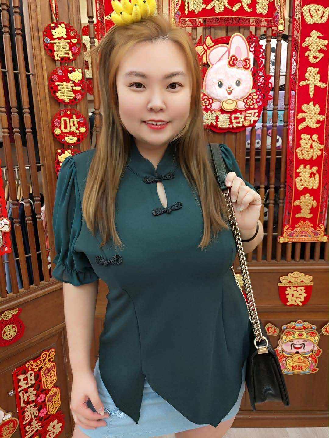 TW3510 红/青/黄盘扣雪纺袖不规则开叉上衣