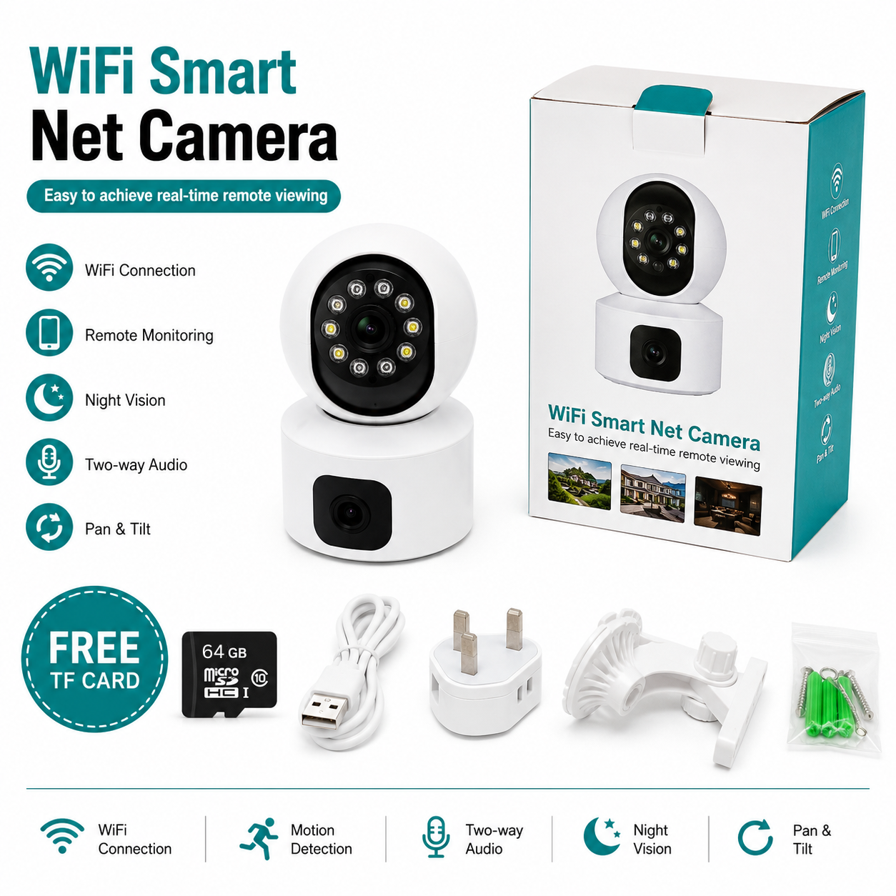 (FREE 64GB TF Memory Card) Dual Lens WiFi Security Camera | Remote Viewing | Night Vision | Motion Detection