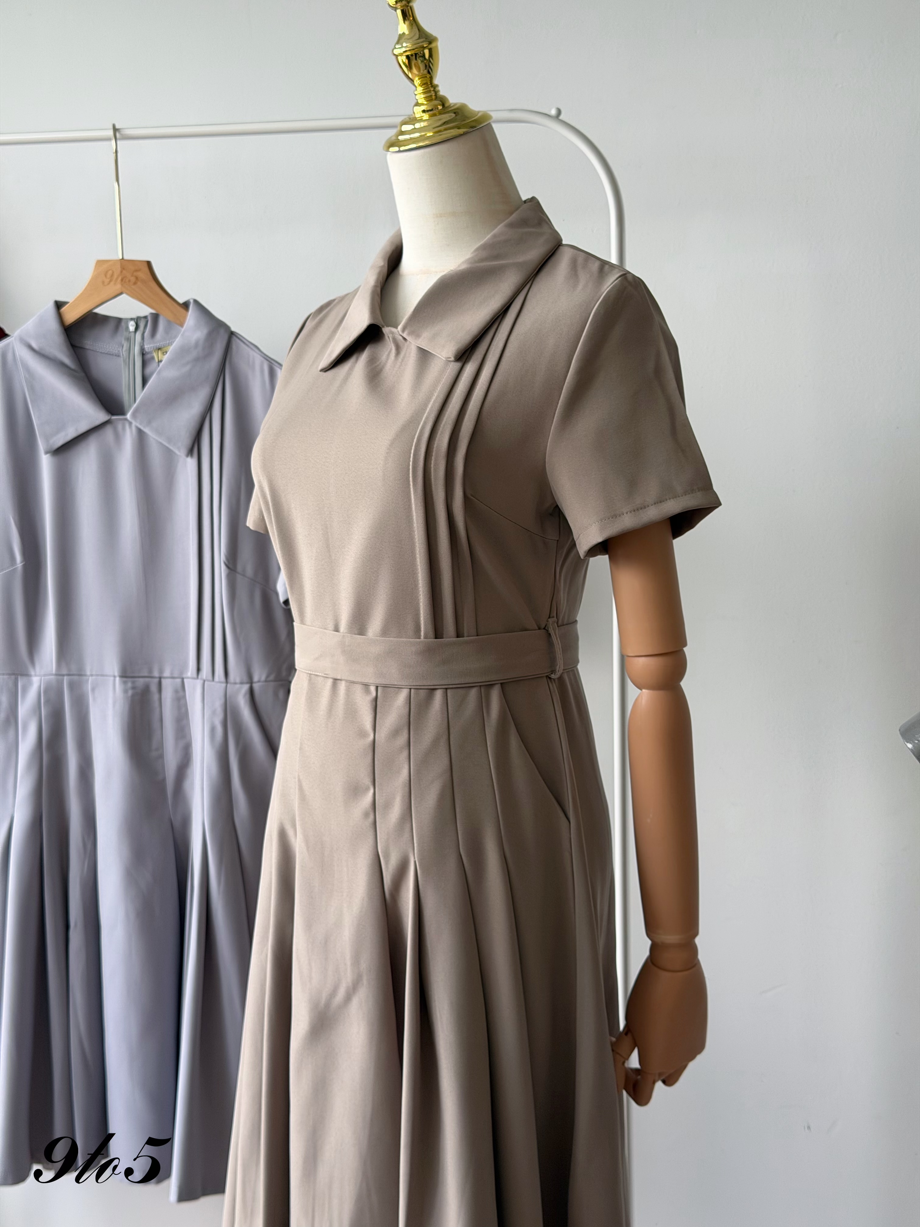 D2385 Collared Pleated Midi Dress - 3 Colors 