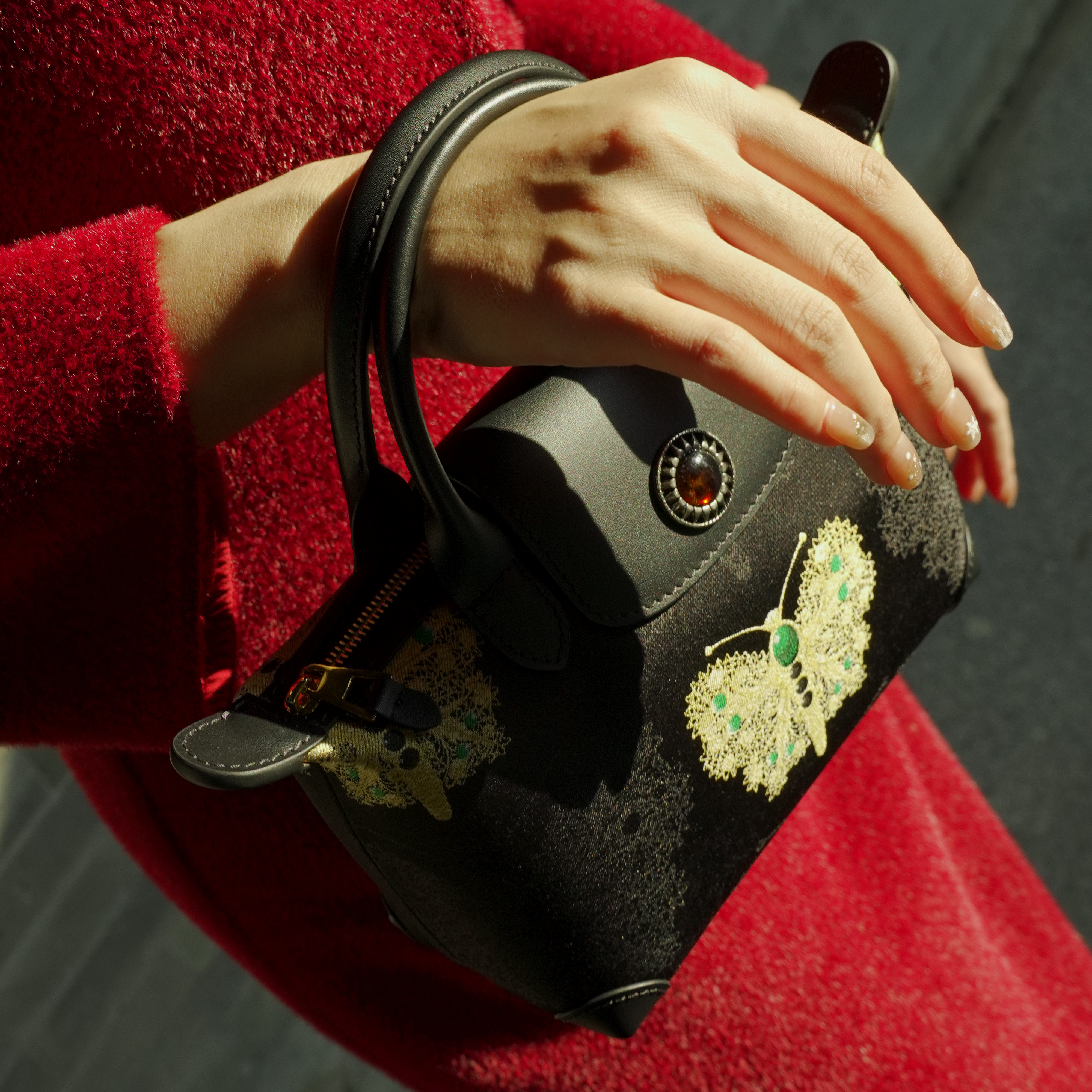 宋錦∞黑金綠蝴蝶牛皮小號手袋