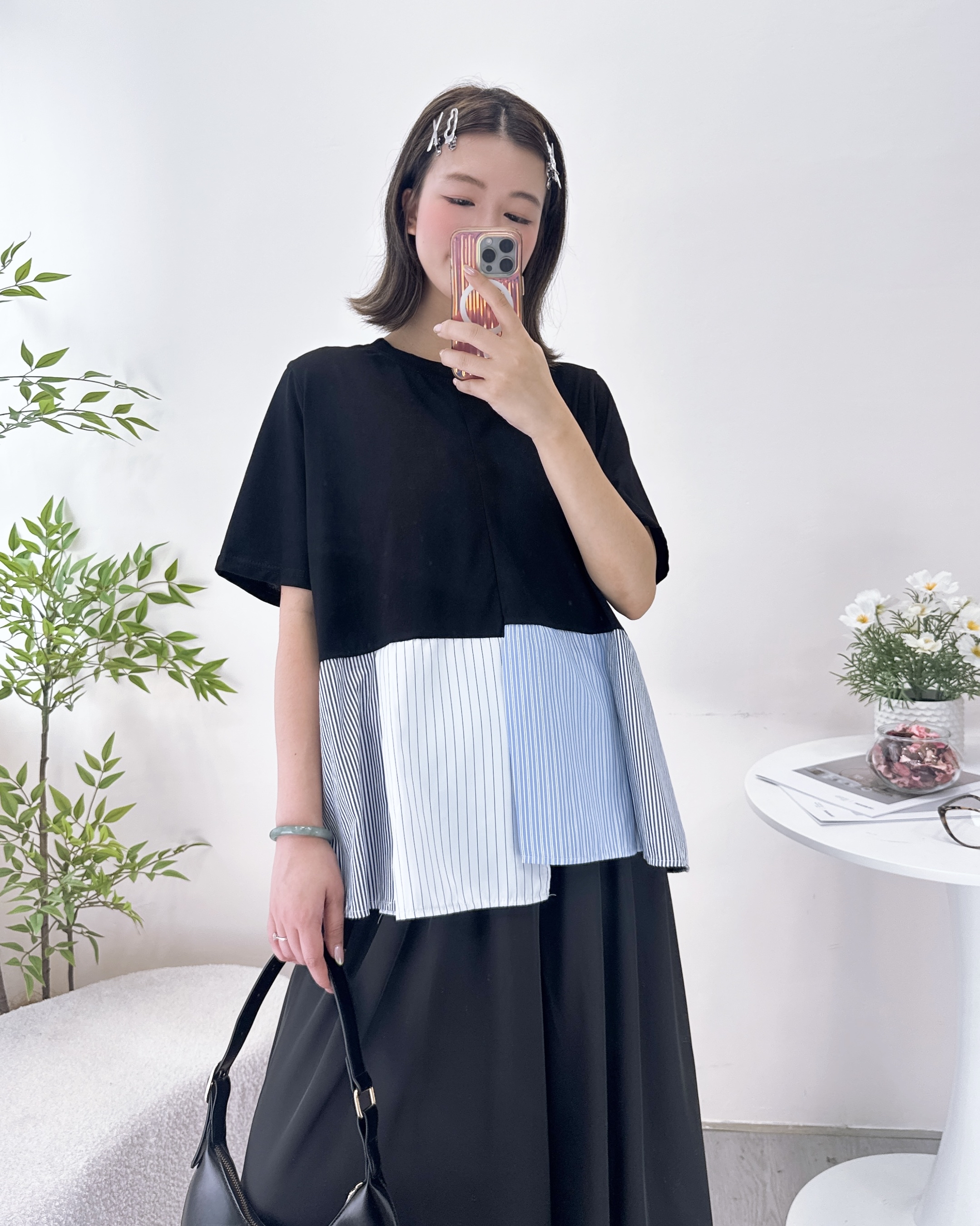 顯瘦拼摺條子布上衣 3色