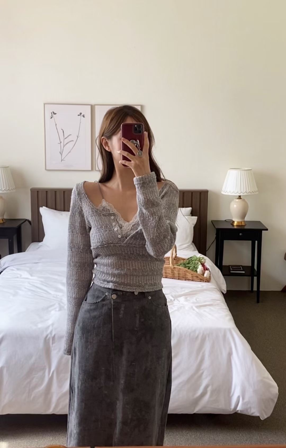 溫柔縷空假2件蕾絲吊帶小毛衣