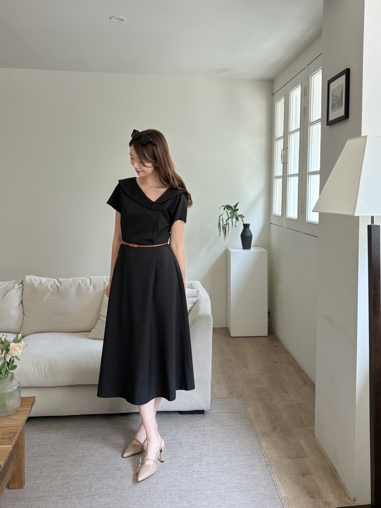 Sailor Collar Belted Dress (Black)
