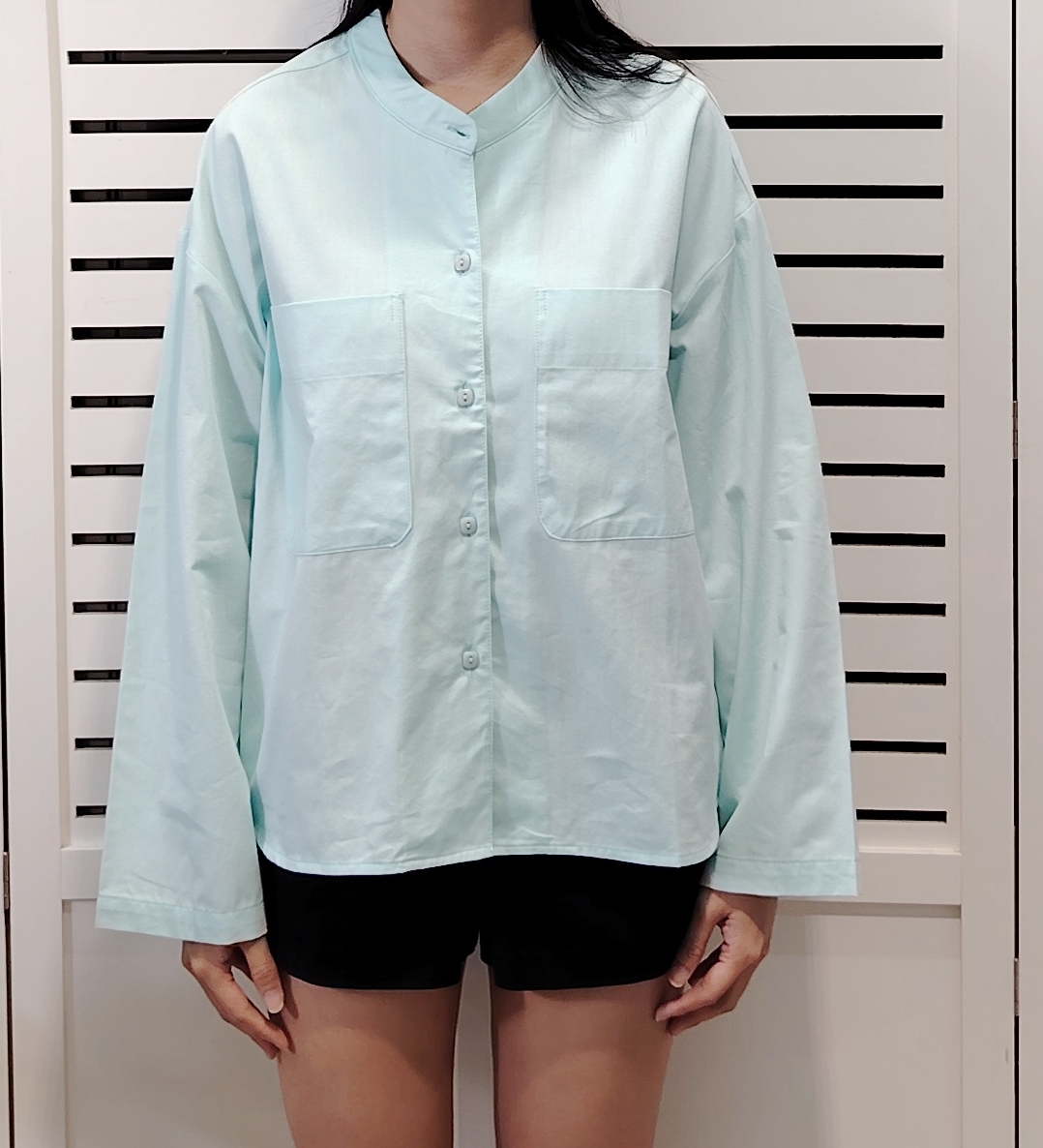 H1010 Medium Collar Long Sleeve Shirt Double Pocket 