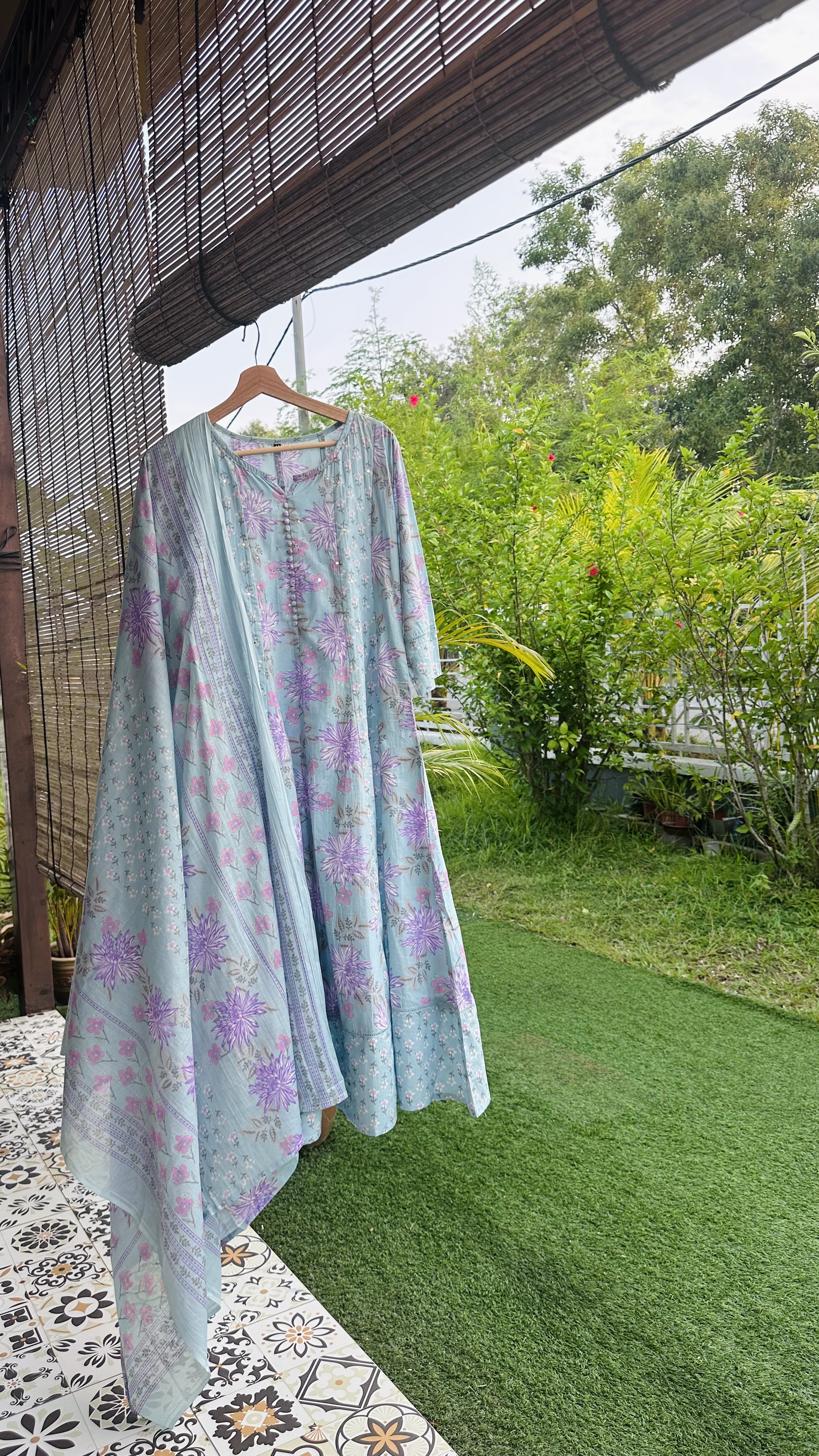 Blue Purple flower Anarkali Kurta Set