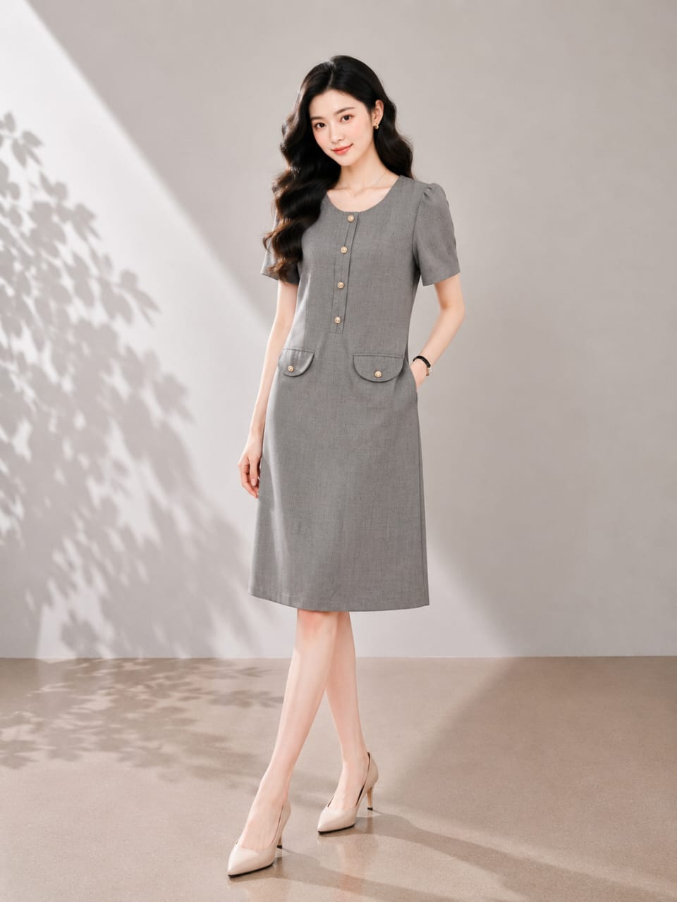 25973 Audrey Button Detail Midi Dress