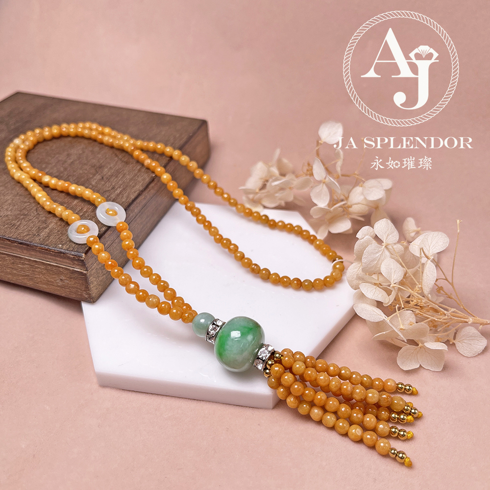 JN-H40-261 天然翡翠A玉 華麗黃翡配綠珠串串金項鏈