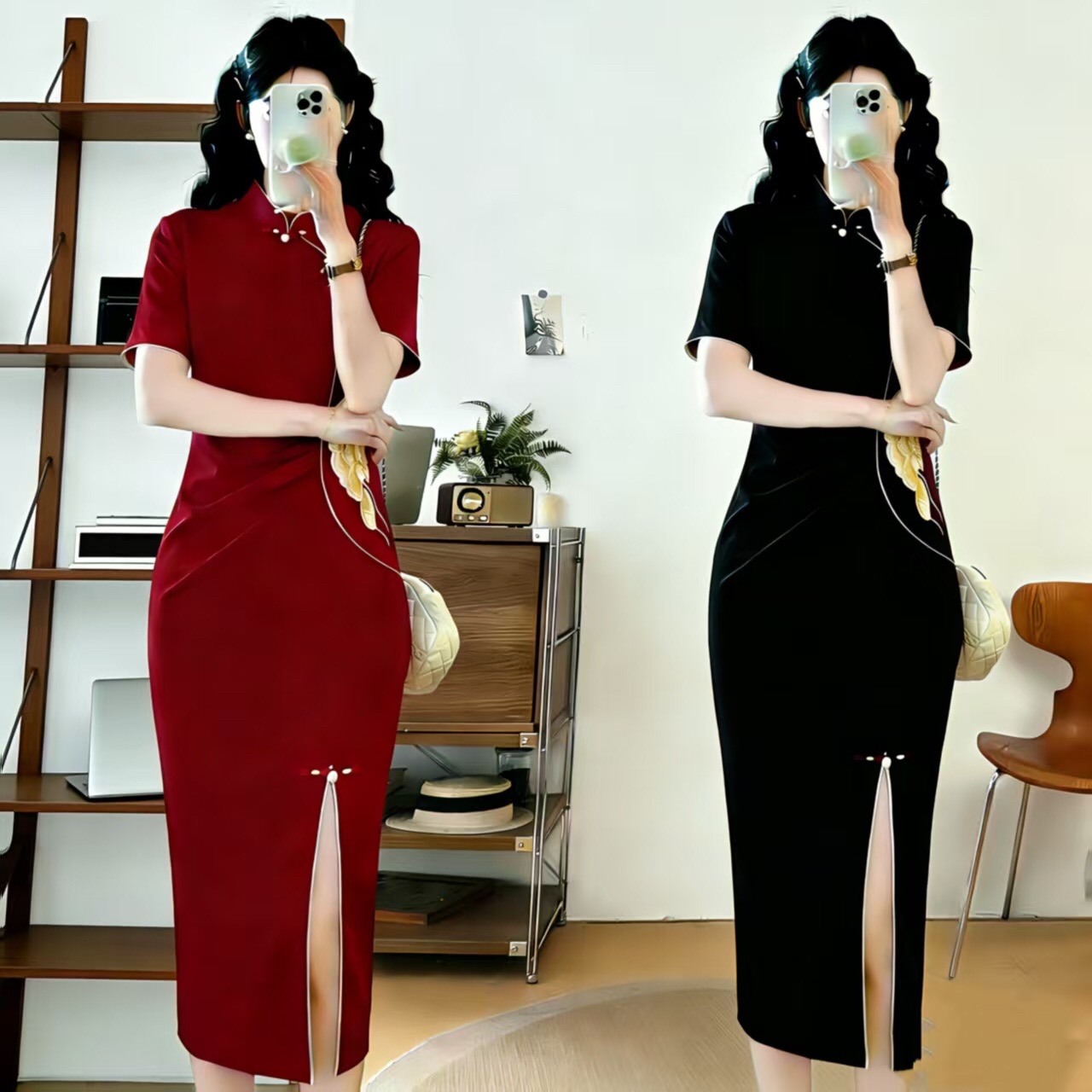 B180(6012) 新中式复古腰边牡丹刺绣下摆盘扣开角黑红旗袍连身裙