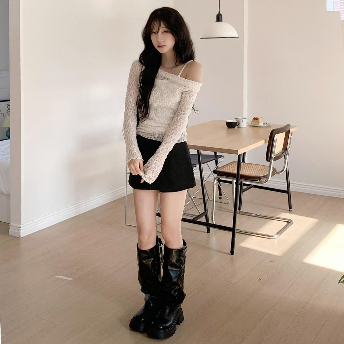 【機心款式】透膚喱士露肩兩件套上衣