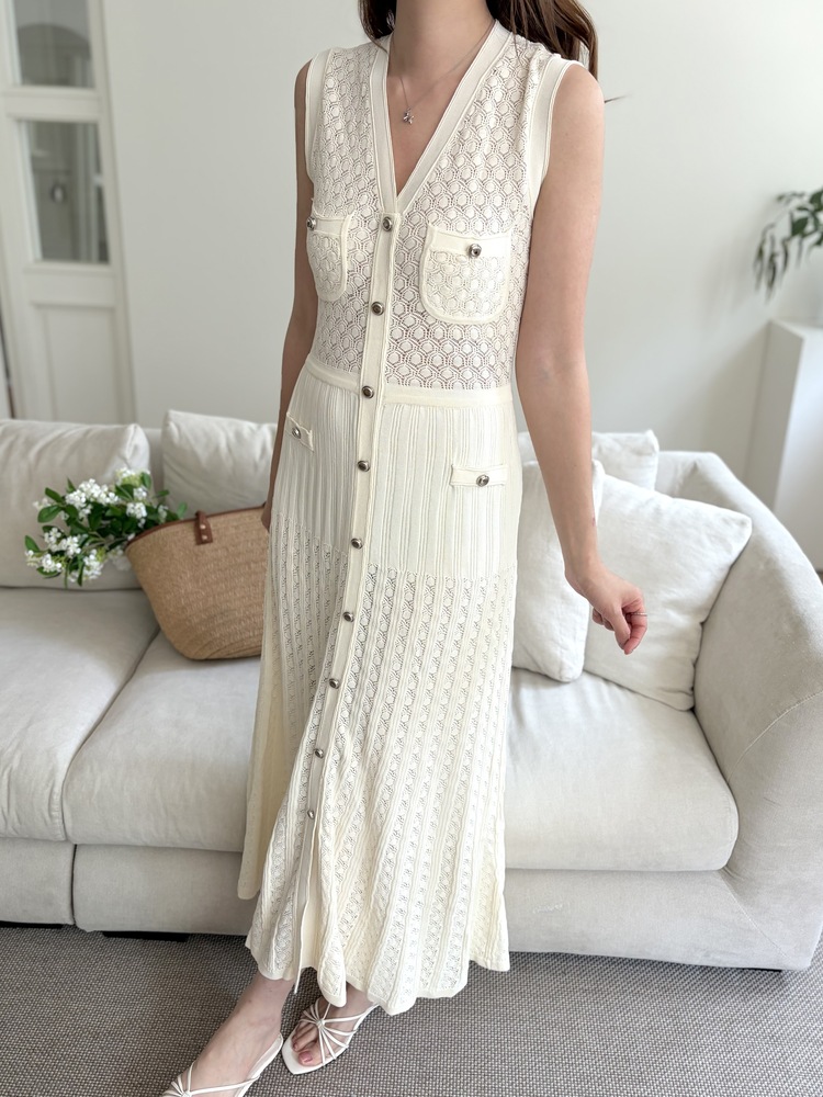 Buttoned Crochet Knit Dress (Ivory)