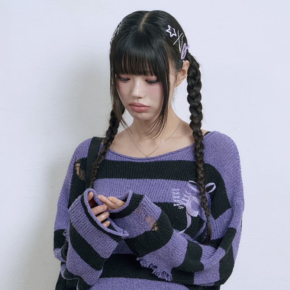 Venhit x Kuromi Striped Damaged Knit (Purple)