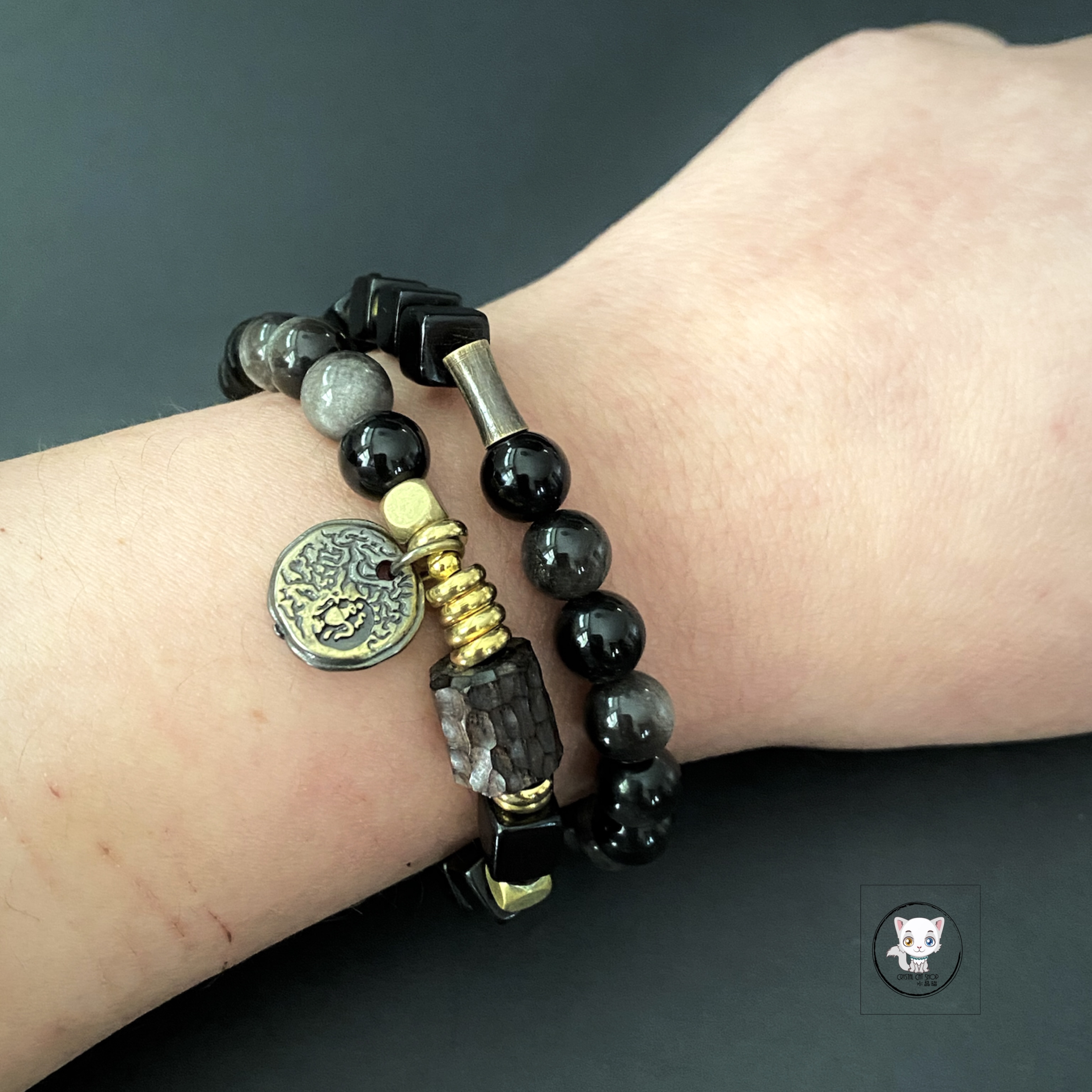 銀曜石黑檀木兩圈手鏈 8mm