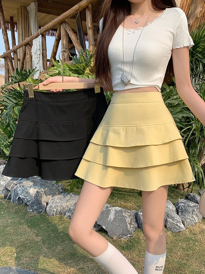 B43(23588) 韩版时尚JEANS甜美风层层荷叶下摆黄黑短裙 