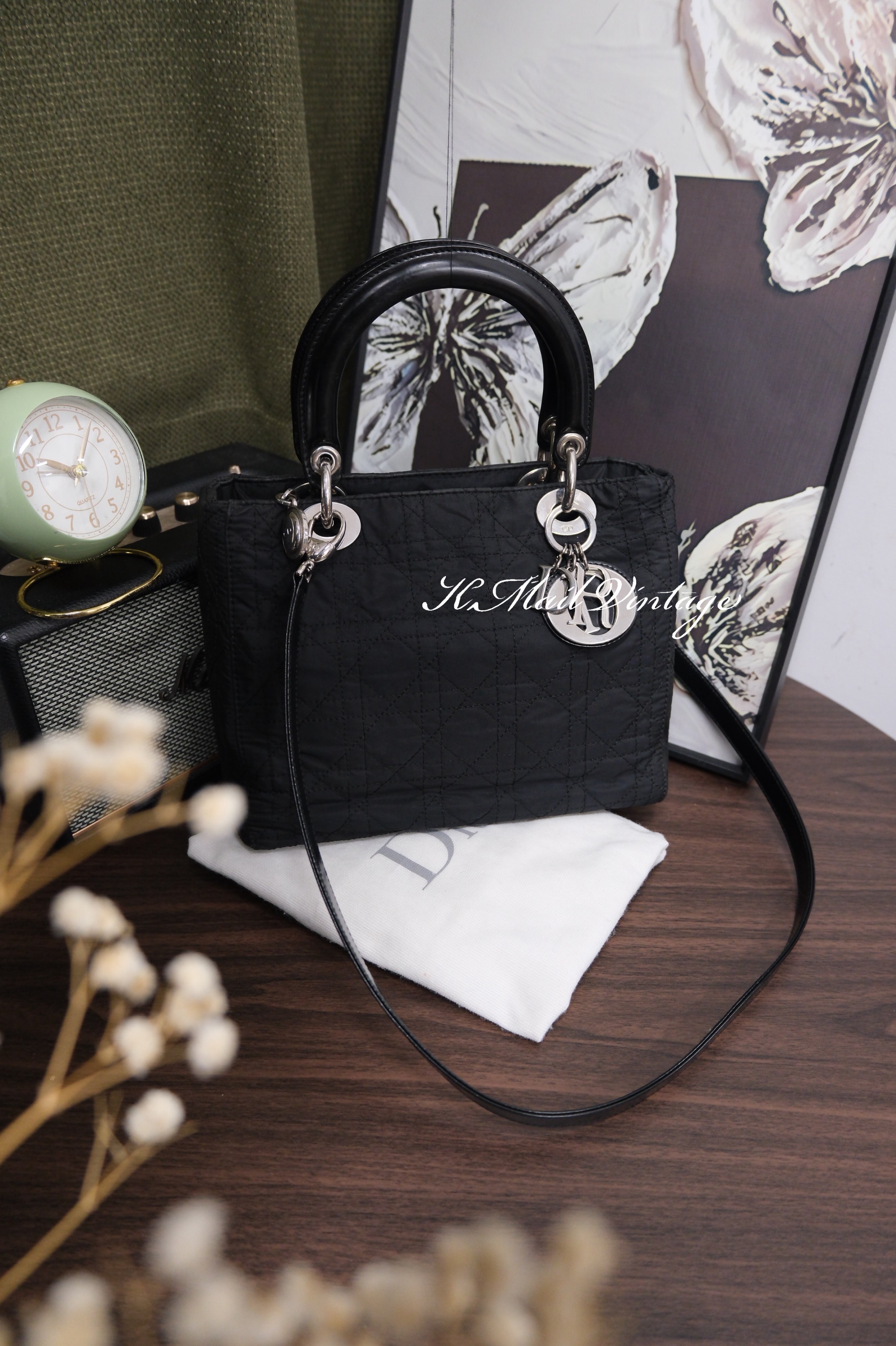 Dior Lady Dior Cannage Nylon Hand Bag Black Silver 