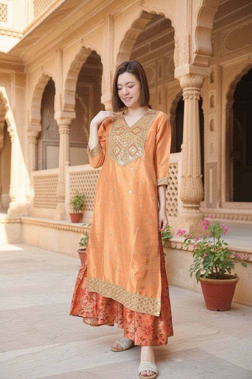 Orange Tone Silky Kurta Set of 2 (OP+Kurta) #1048