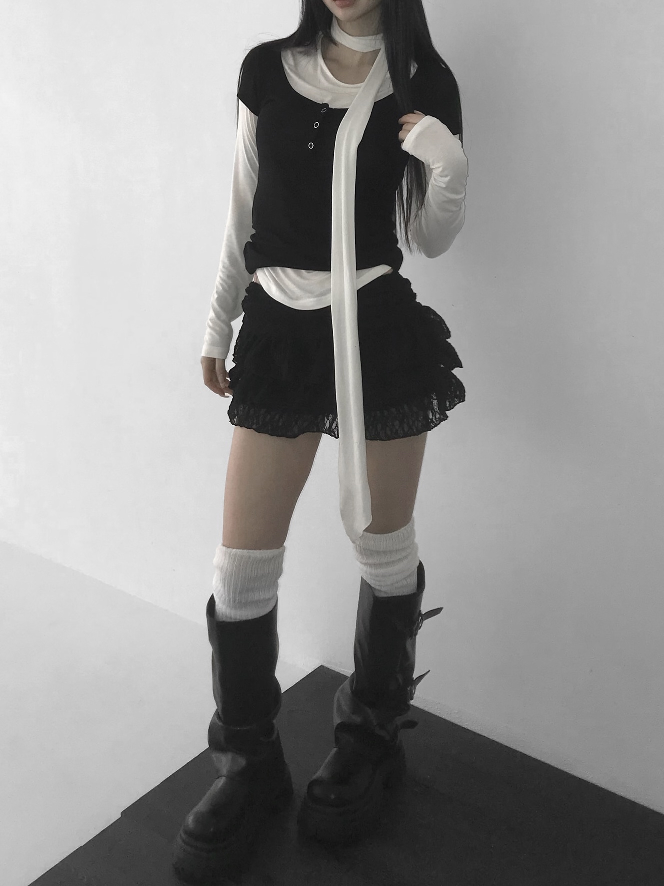 Ruched Button Long Sleeve with Scarf Tie