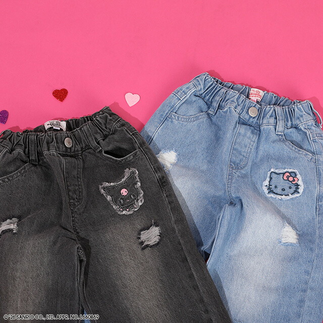 🆕【⭐訂購⭐】🇯🇵日本直送🌀#Sanrio #Kuromi / #Kitty 刺繡貼片 闊腳牛仔褲 #baggyjeans🌀[ELCA-0253][