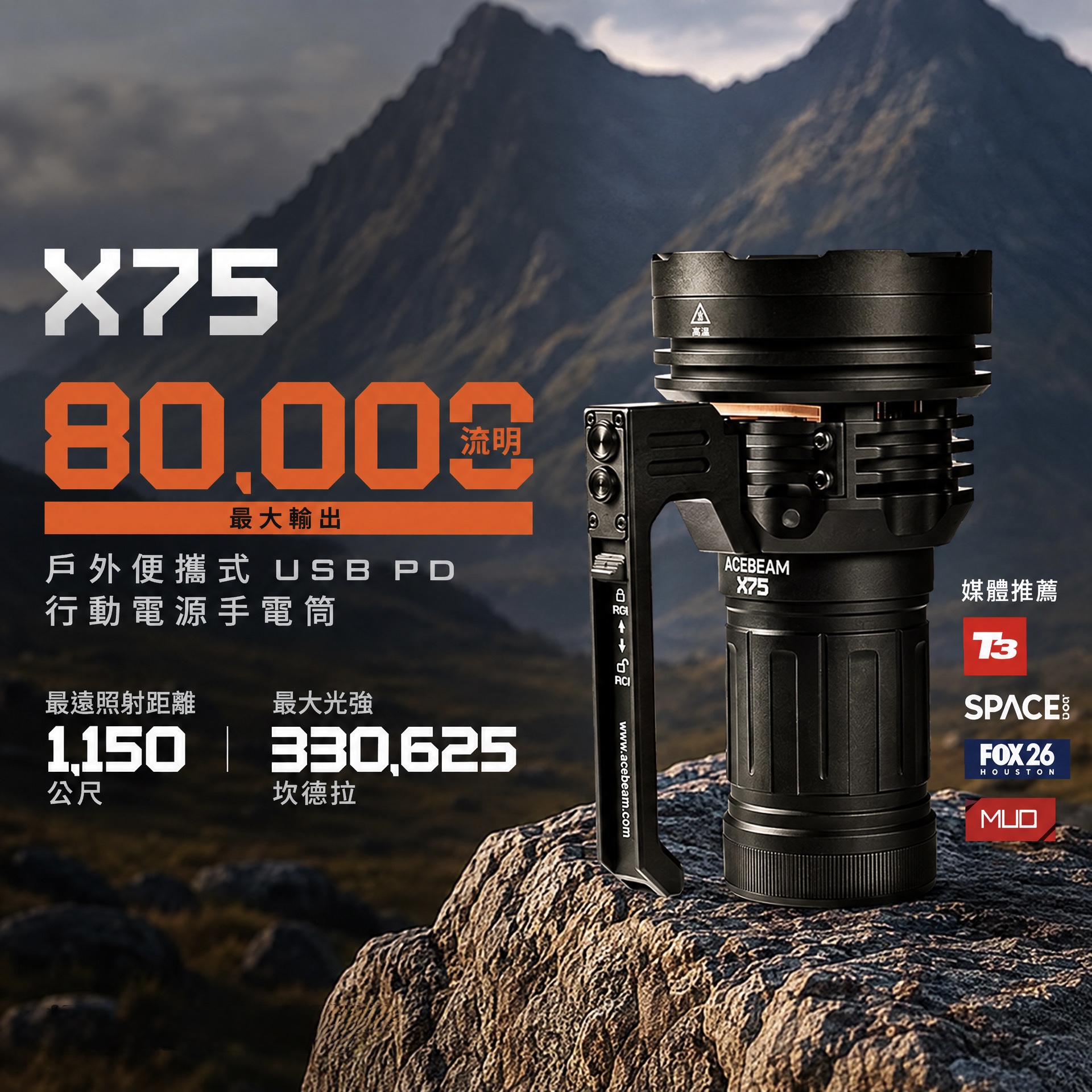 Acebeam X75（80,000 流明手電筒）