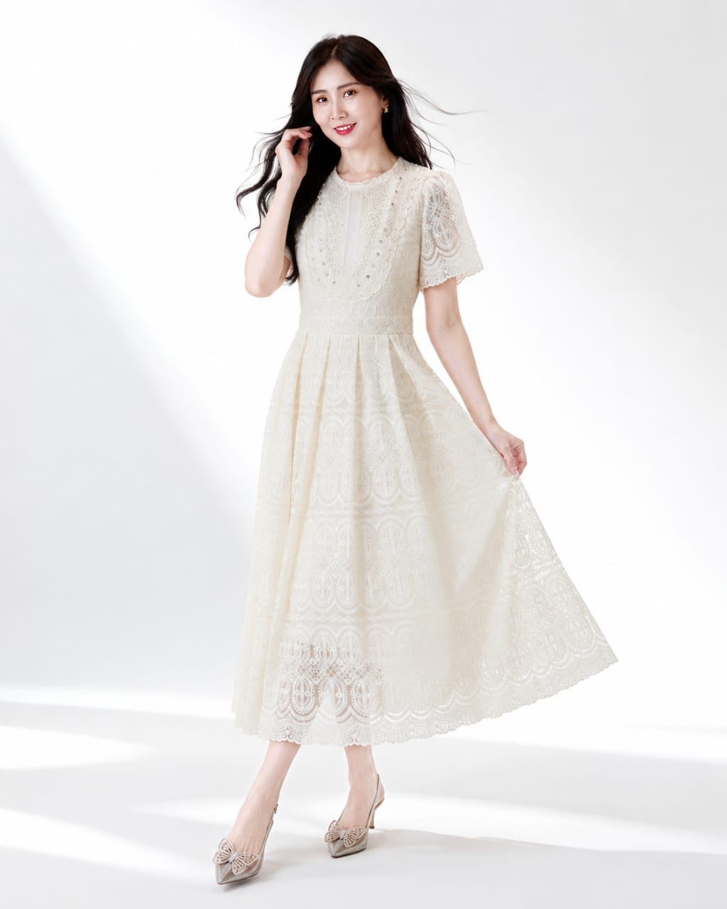 5132 Celeste Pearl & Rhinestone Round Neck Maxi Dress
