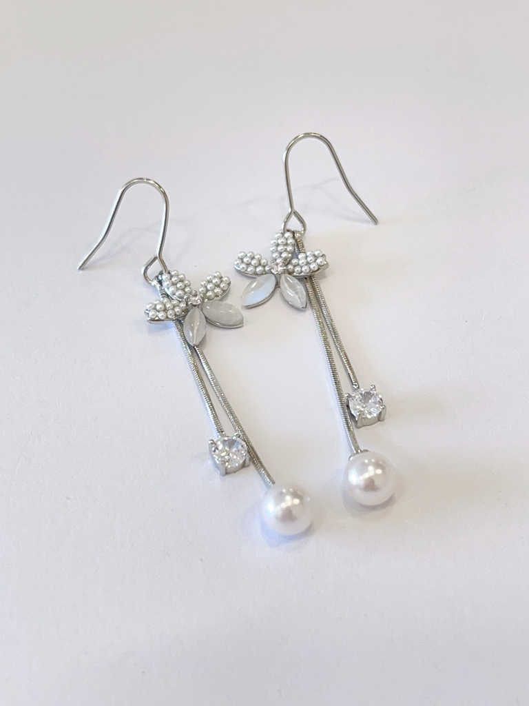 猫眼石小花朵锆石珍珠流苏耳环