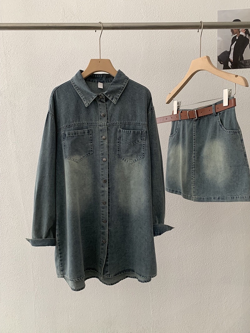 韩版宽松中长款牛仔衬衫+屁帘两件套装