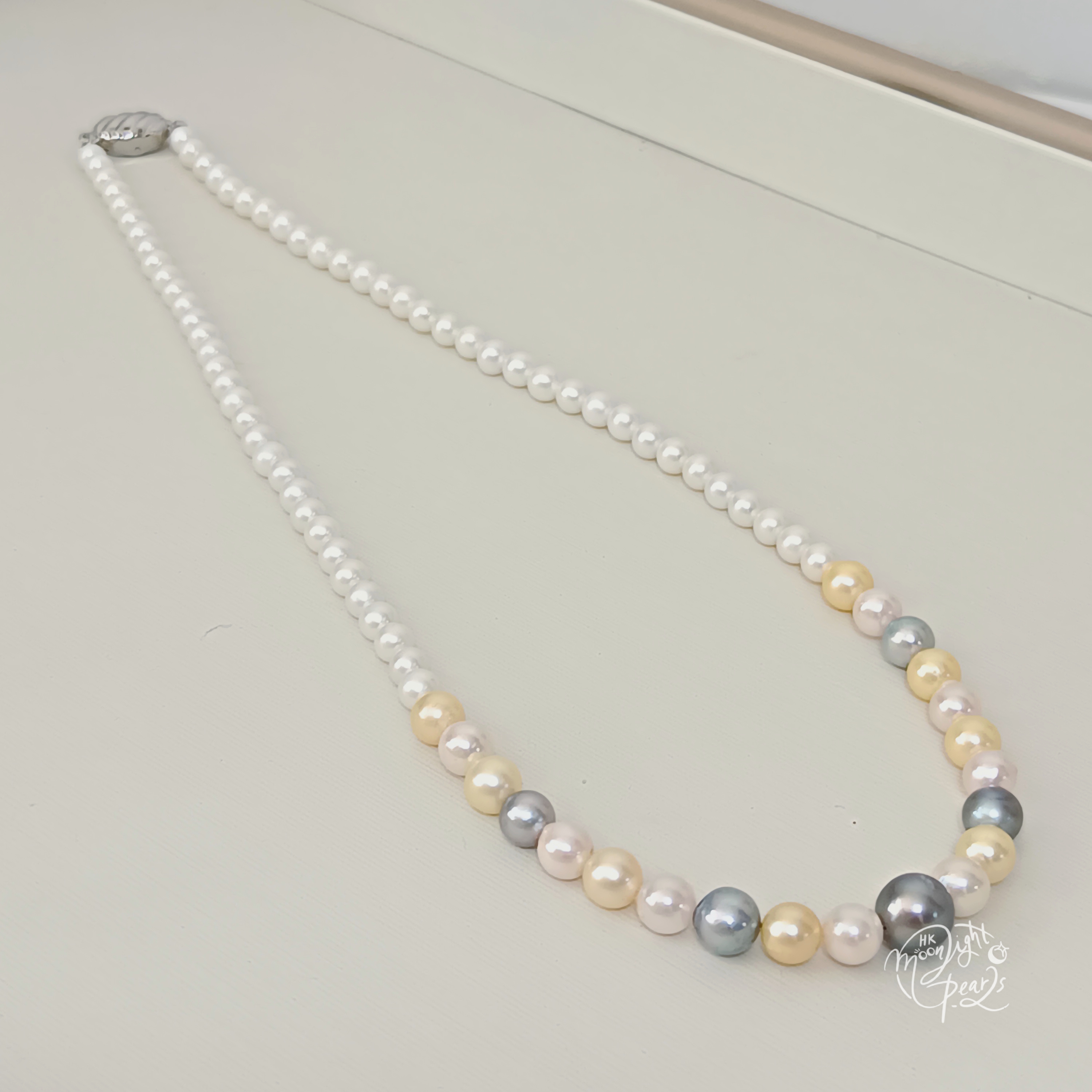 近正圓強光淡水Ak白細胞珍珠+日本akoya 糖果色海水珍珠+大溪地珍珠925銀扣項鍊