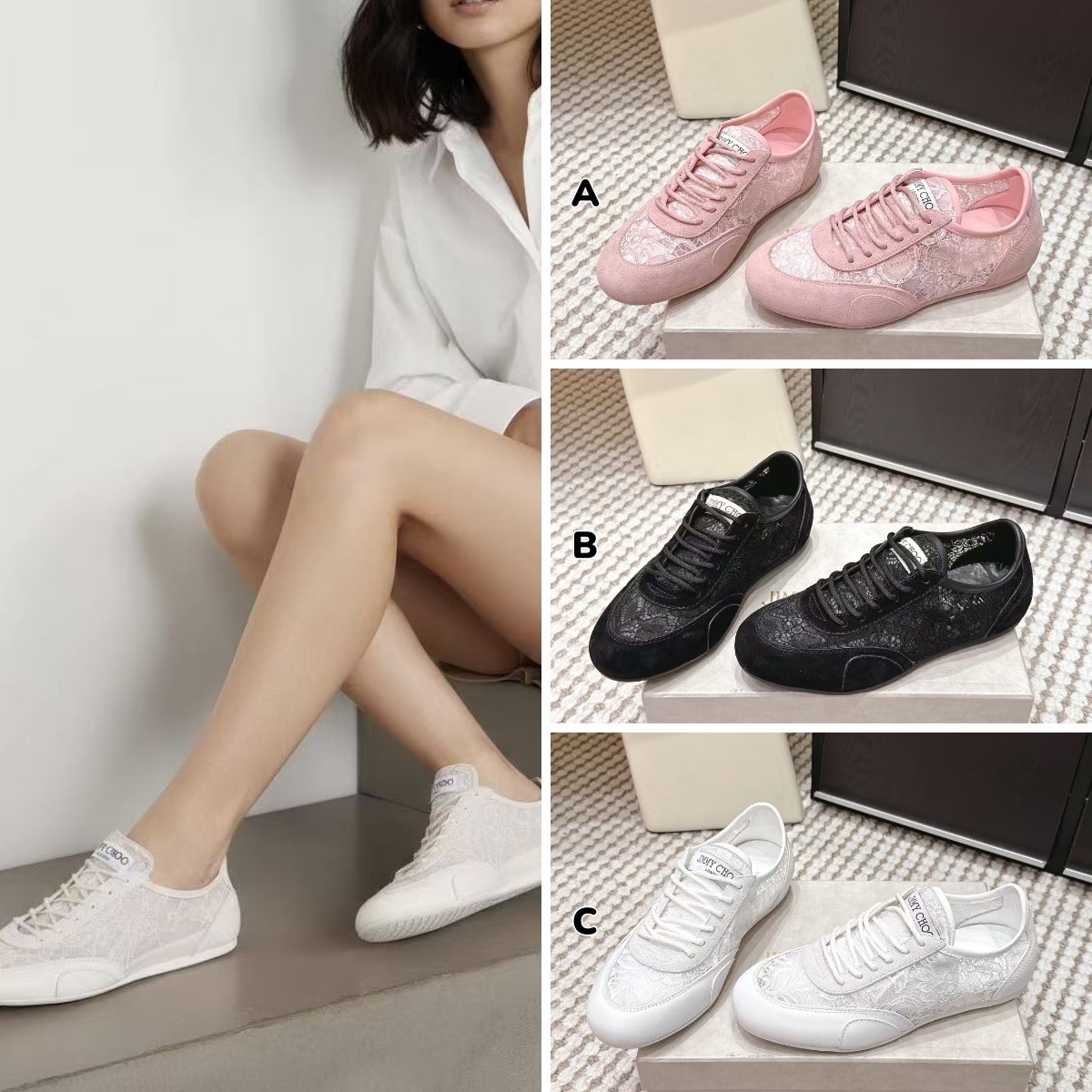 【正品級】Jimmy Choo Sunny Lace Leather Sneakers 蕾絲皮革休閒鞋