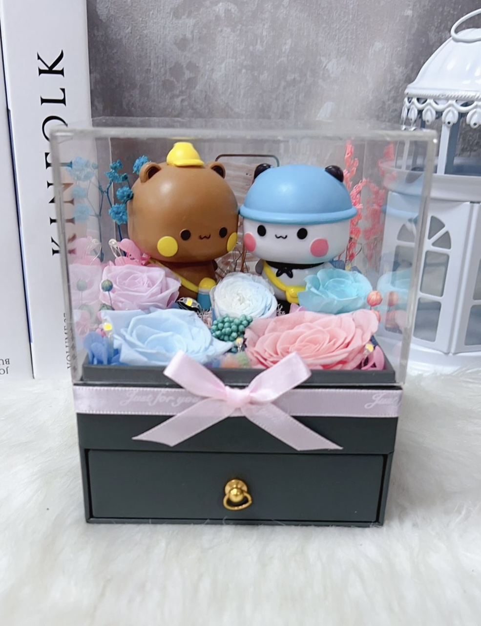 一二布布粉紅藍玫瑰永生花花盒